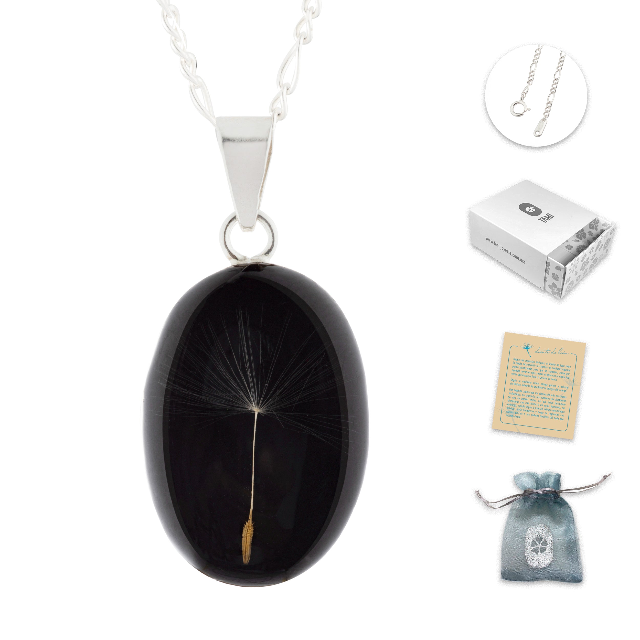 Collar de Plata con Semilla de Diente de León en Fondo Negro