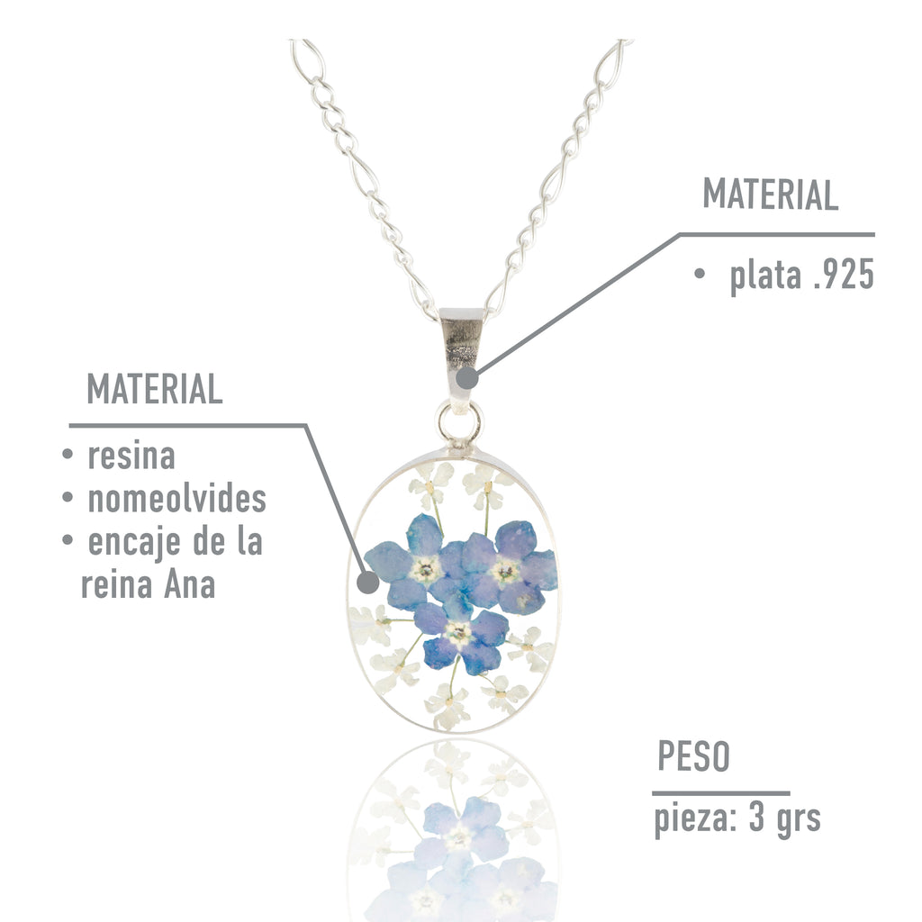 Collar con Flores de Nomeolvides y Encaje Natural en Corazón de Plata