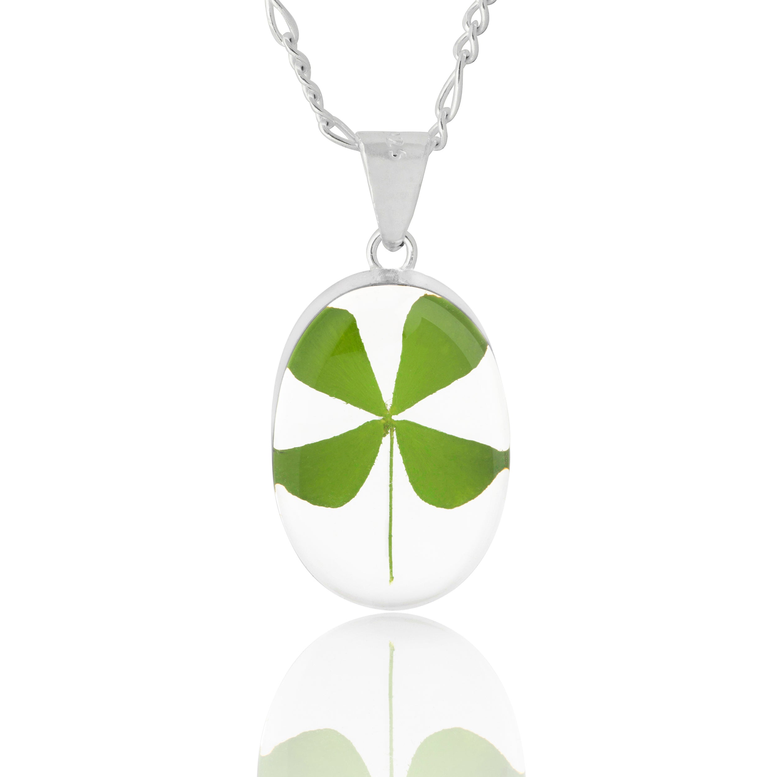Collar con Trebol de 4 Hojas Natural en Plata 925 - Amuleto de Protección Personal, de la Buena Suerte y Dinero