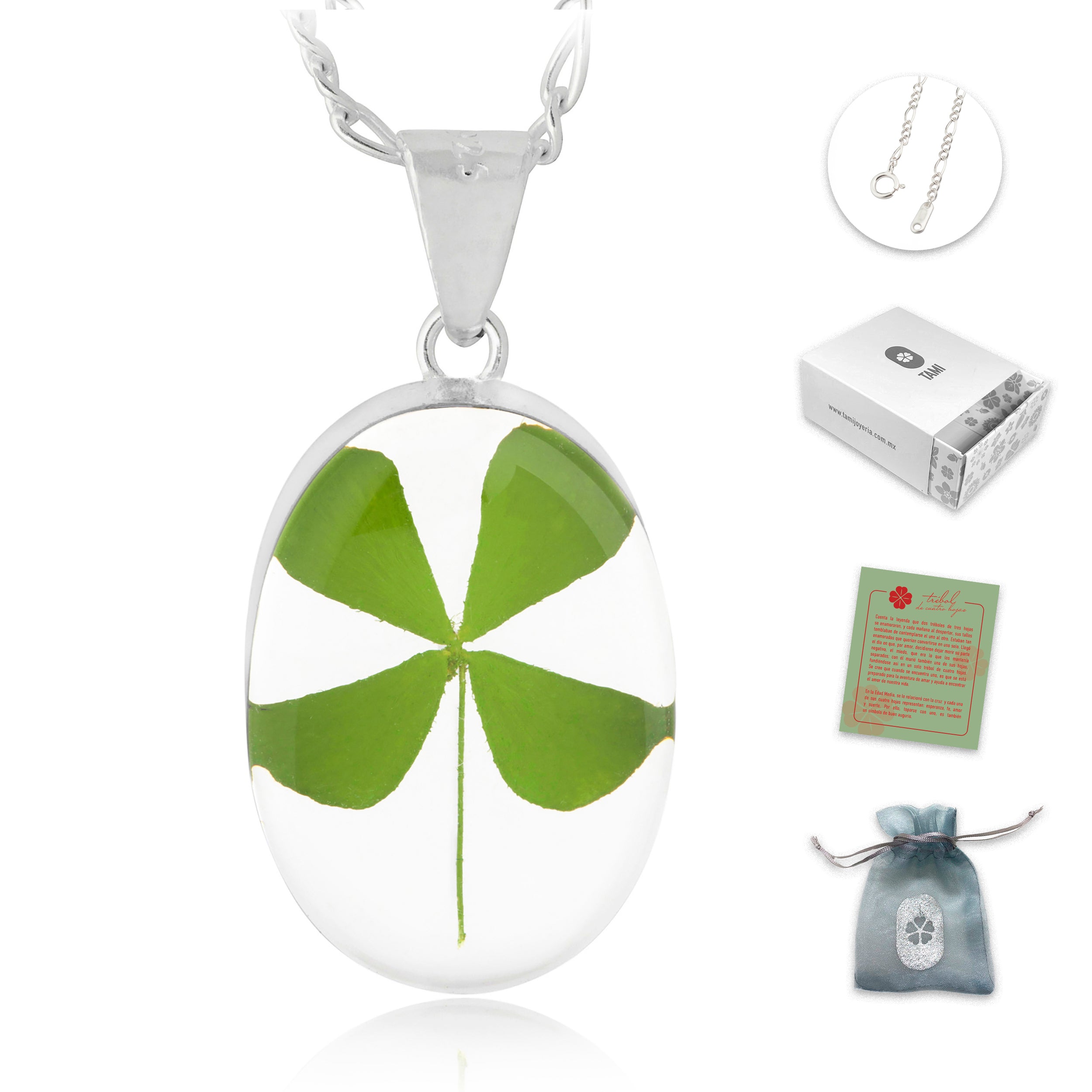 Collar con Trebol de 4 Hojas Natural en Plata 925 - Amuleto de Protección Personal, de la Buena Suerte y Dinero