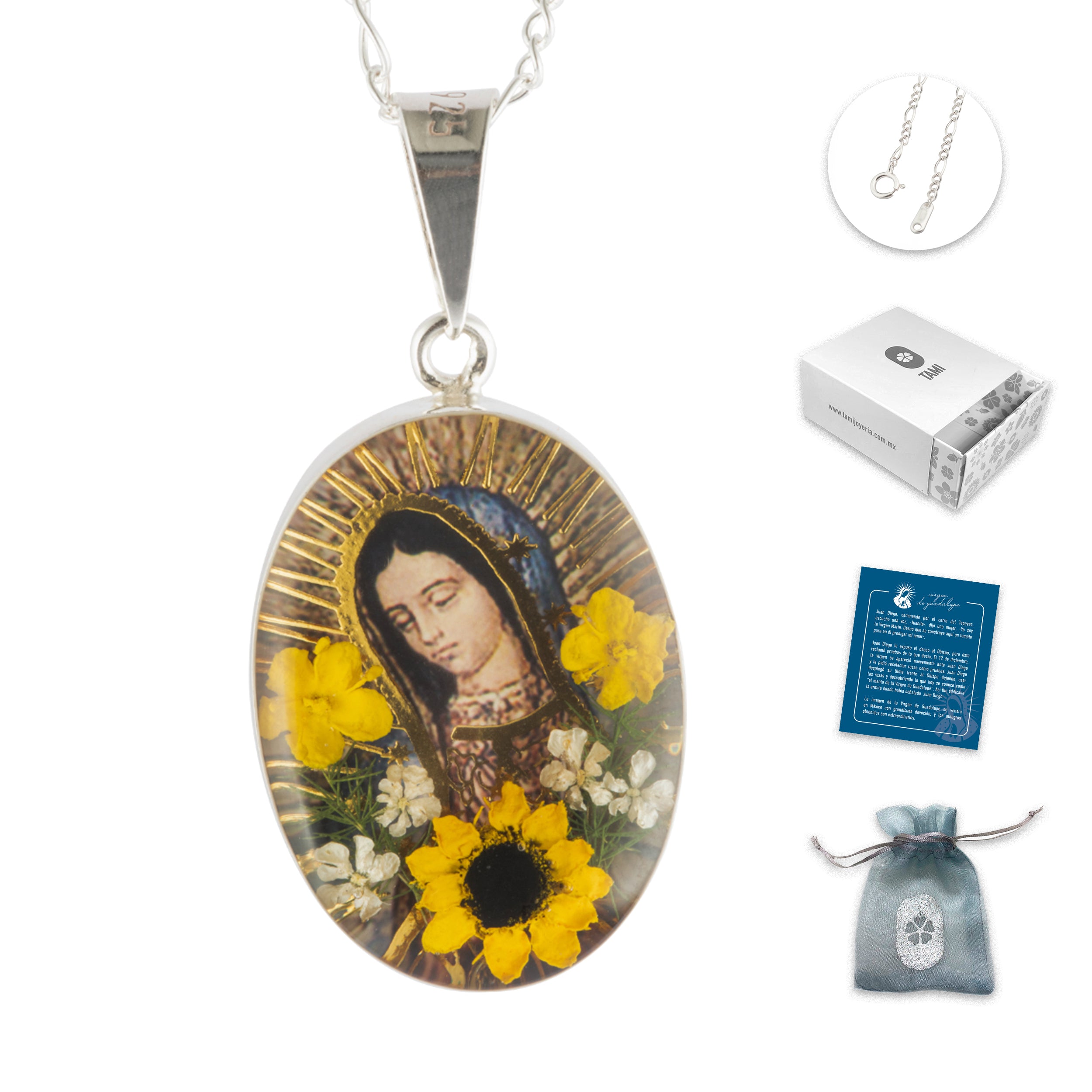 Medalla Virgen de Guadalupe en Plata con Girasol