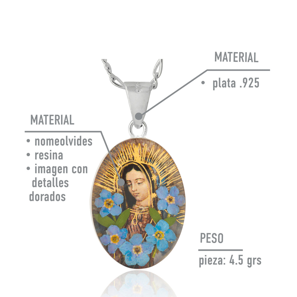 Medalla Virgen de Guadalupe en Plata con Nomeolvides