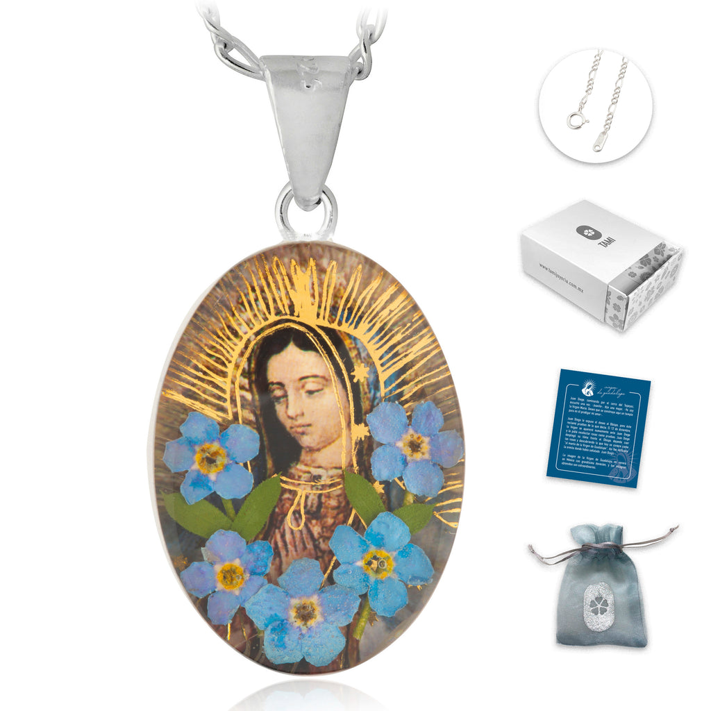 Medalla Virgen de Guadalupe en Plata con Nomeolvides