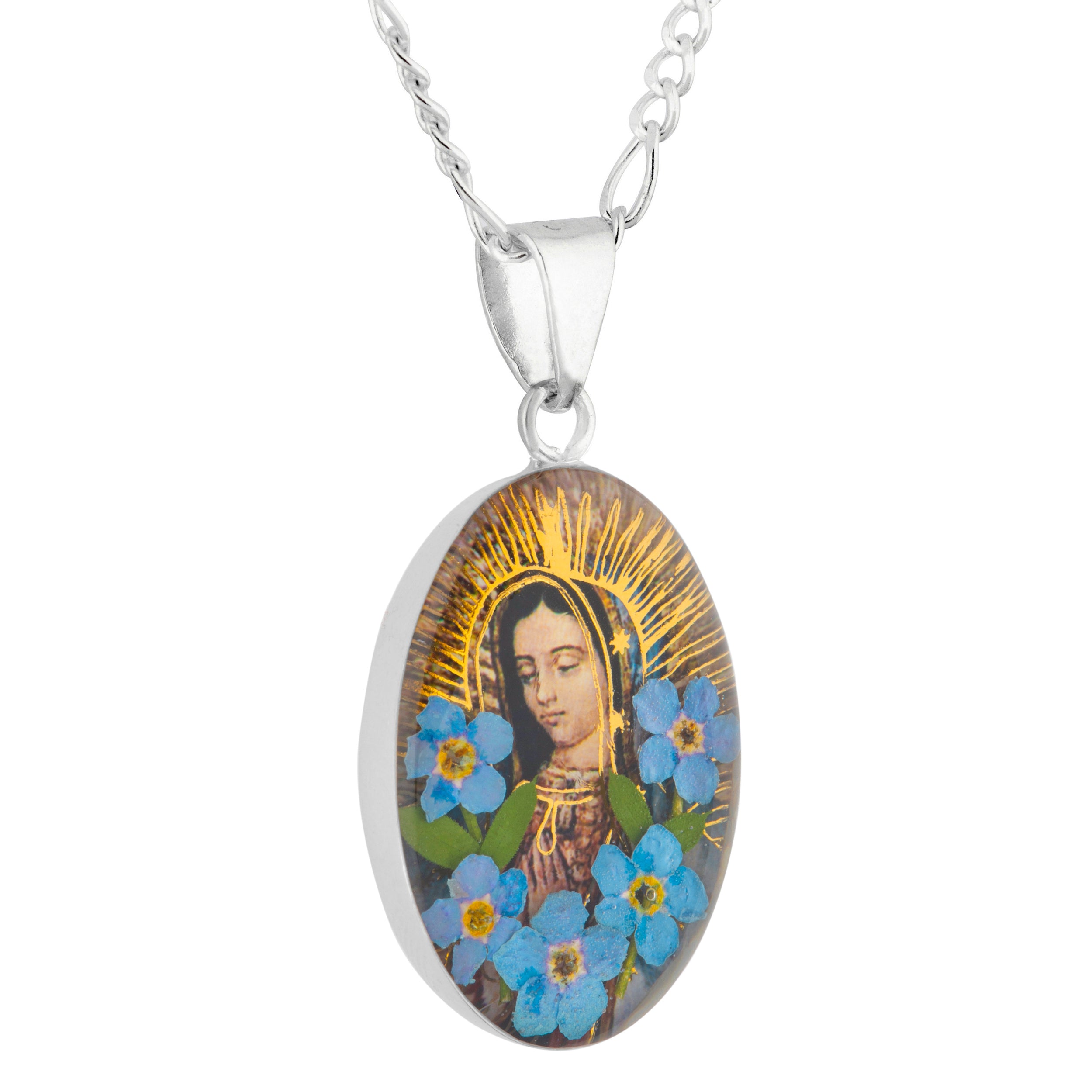 Medalla Virgen de Guadalupe en Plata con Nomeolvides