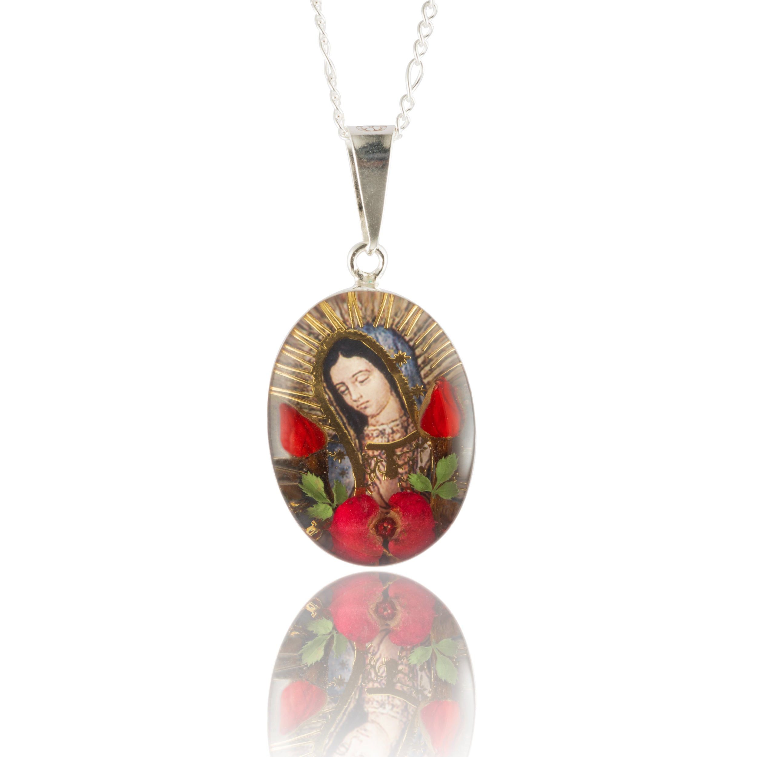 Medalla Virgen de Guadalupe en Plata con Rosa Eterna