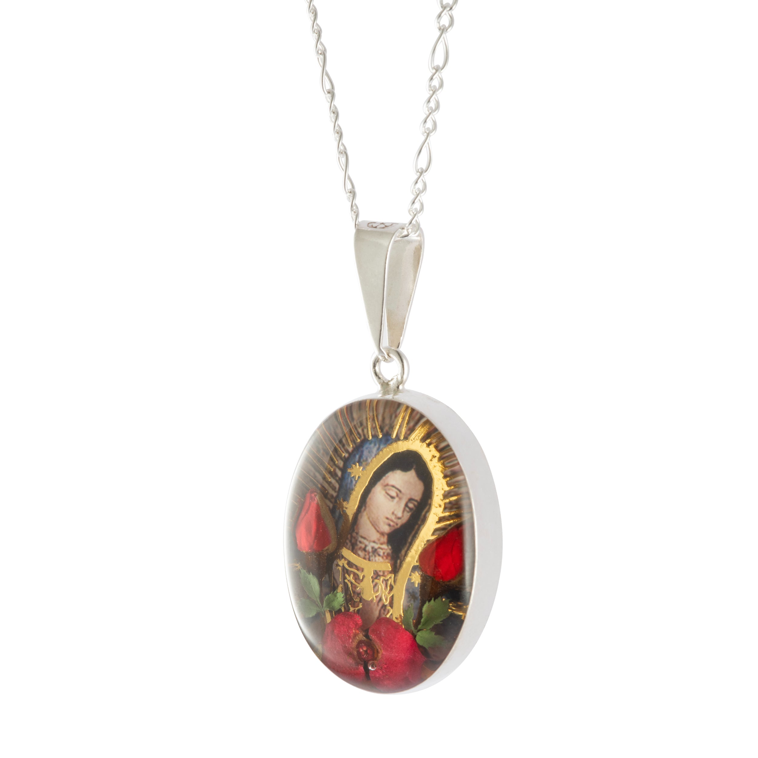 Medalla Virgen de Guadalupe en Plata con Rosa Eterna