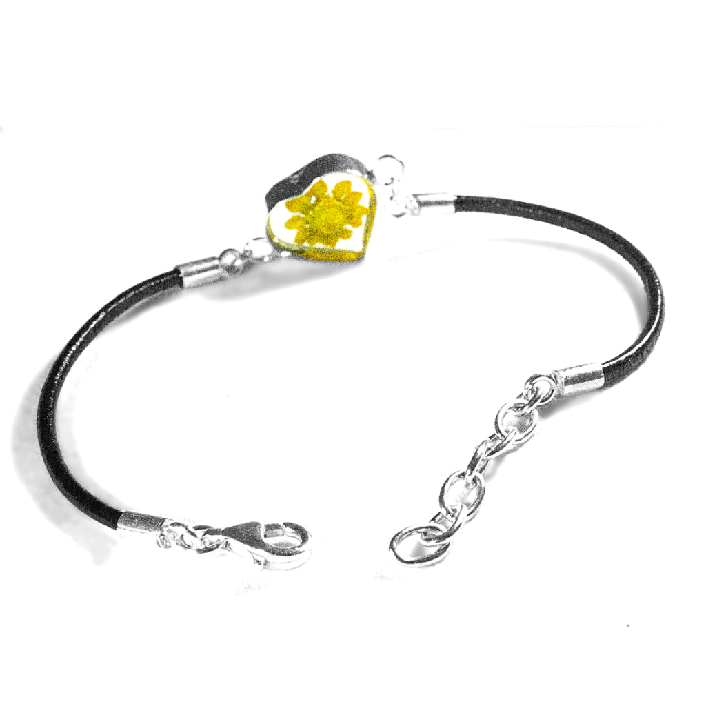 Pulsera Corazón de Girasol en Plata 925 con Cuero Negro