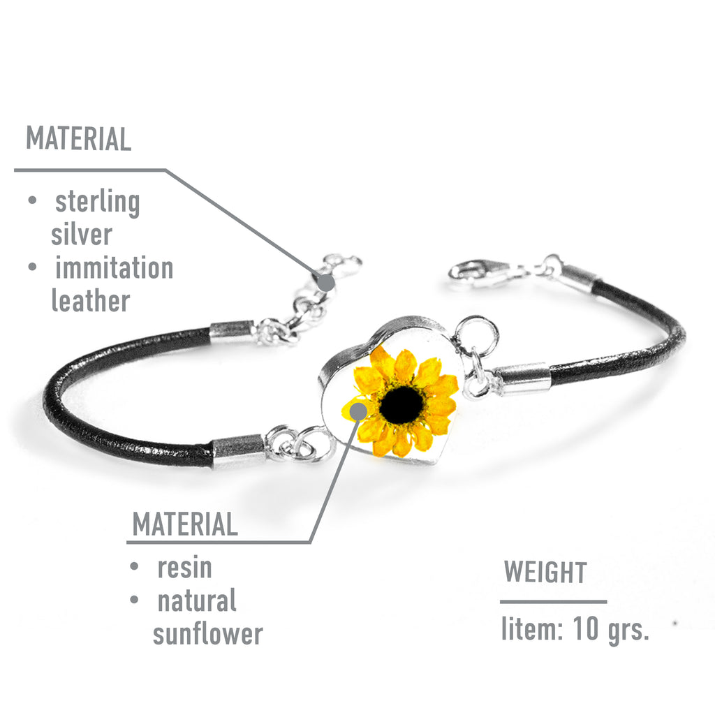 Pulsera Corazón de Girasol en Plata 925 con Cuero Negro