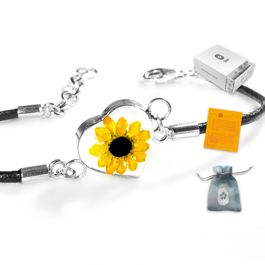 Pulsera Corazón de Girasol en Plata 925 con Cuero Negro