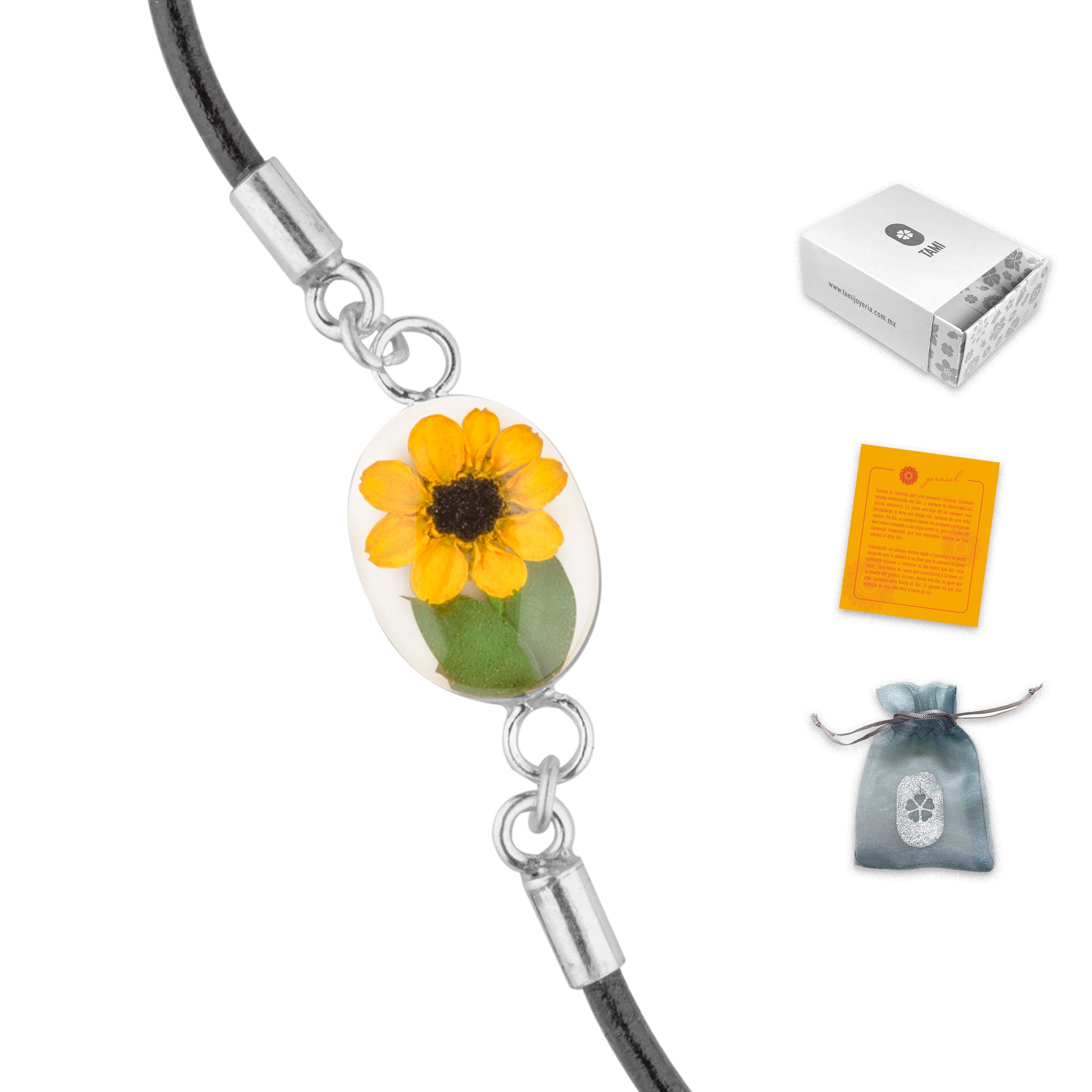 Pulsera con Girasol Natural en Plata 925 y Cuero Negro