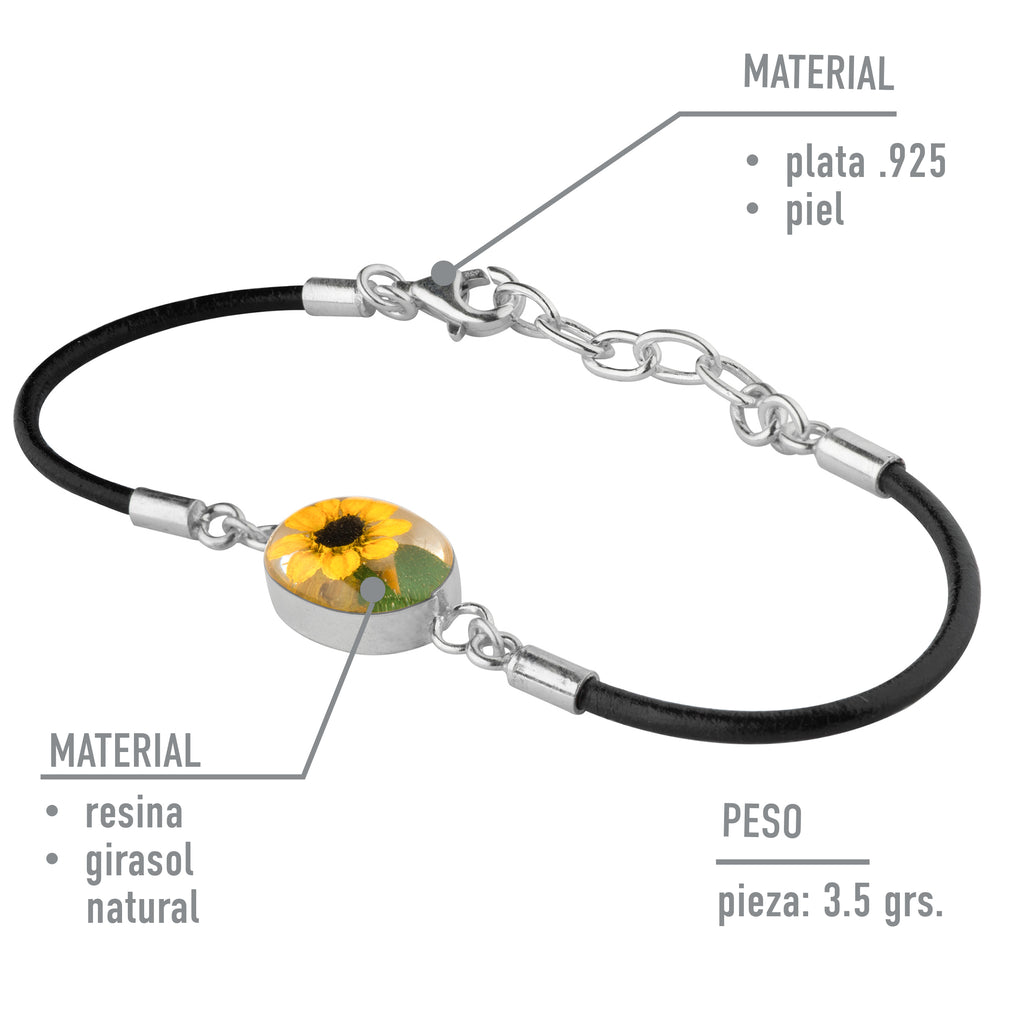 Pulsera con Girasol Natural en Plata 925 y Cuero Negro