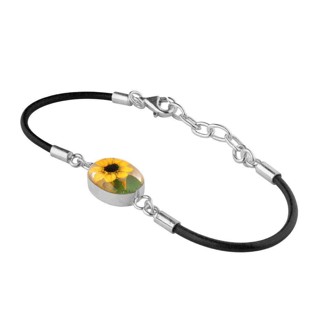 Pulsera con Girasol Natural en Plata 925 y Cuero Negro
