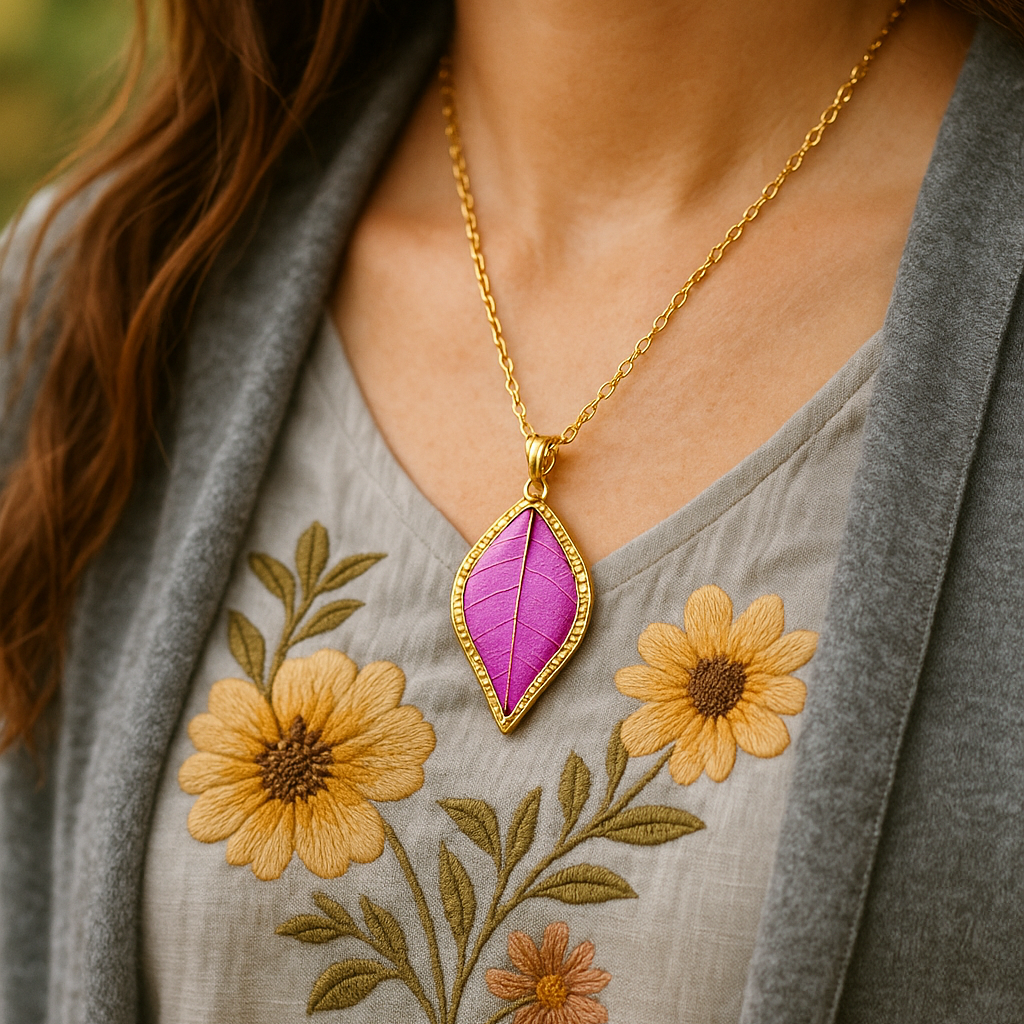 Collar de Acero Inoxidable Dorado con Hoja de Bugambilia