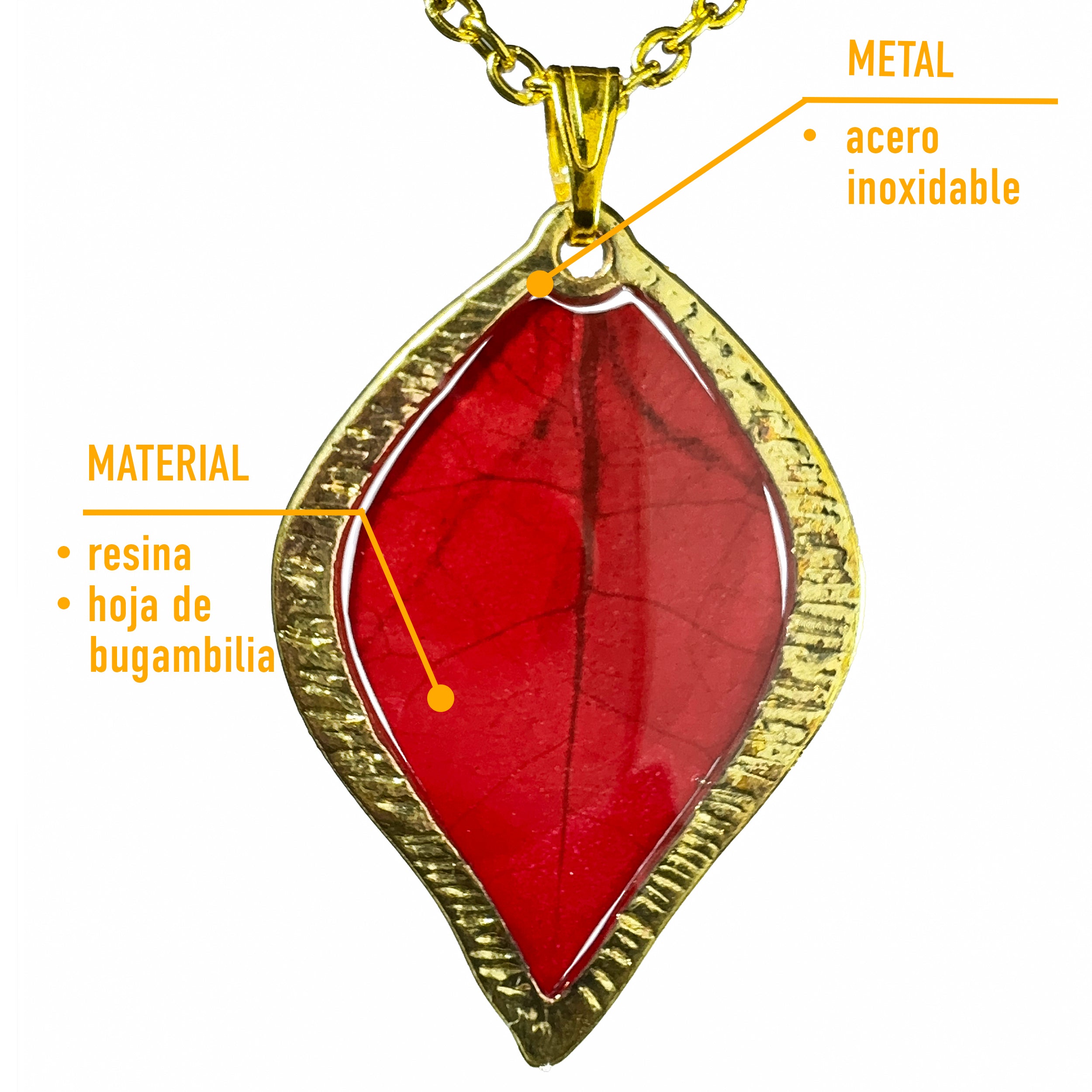 Collar de Acero Inoxidable Dorado con Hoja de Bugambilia Roja