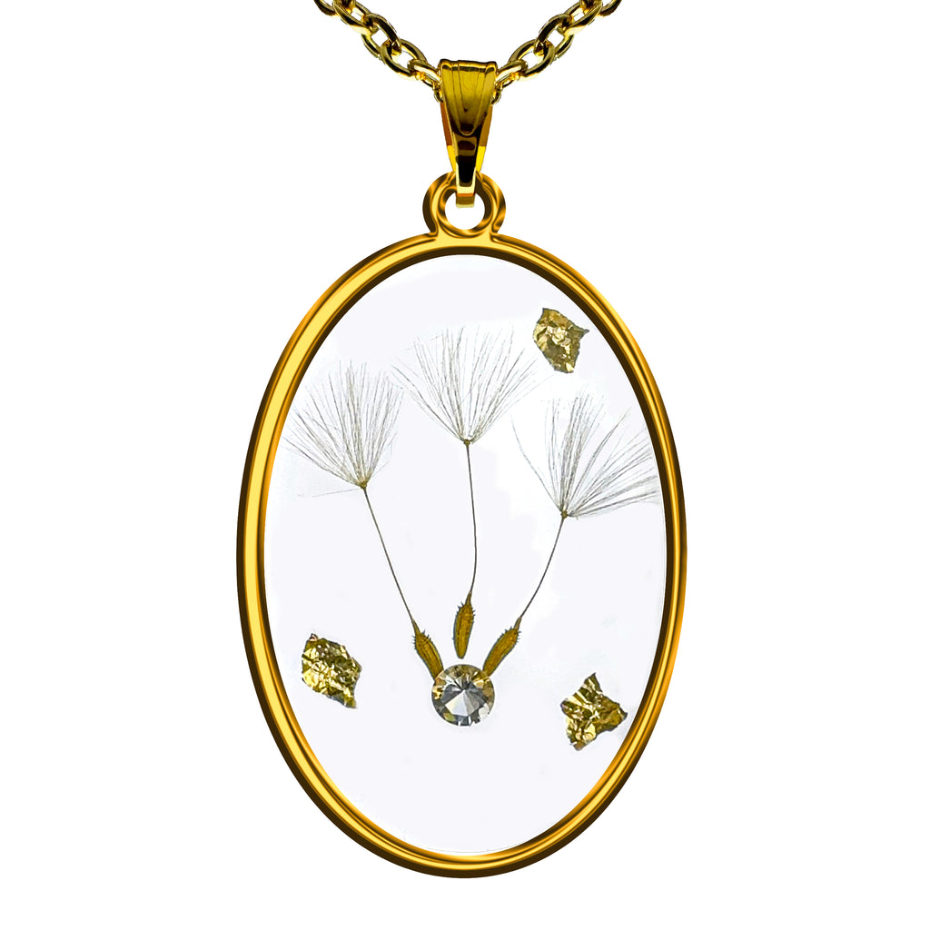 Collar de Acero Inoxidable Dorado con Diente de León con Zirconia Blanca y Papel de Oro