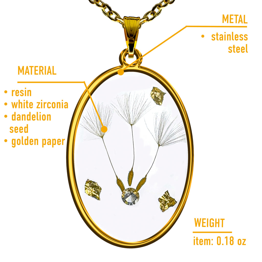 Collar de Acero Inoxidable Dorado con Diente de León con Zirconia Blanca y Papel de Oro