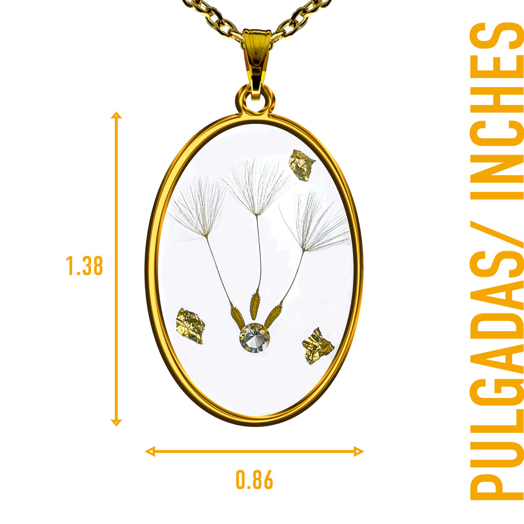 Collar de Acero Inoxidable Dorado con Diente de León con Zirconia Blanca y Papel de Oro