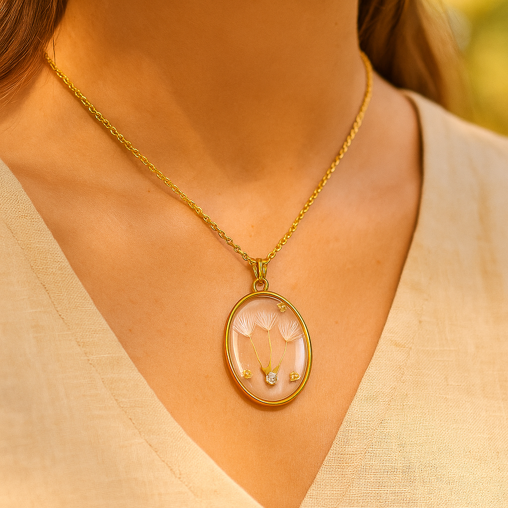 Collar de Acero Inoxidable Dorado con Diente de León con Zirconia Blanca y Papel de Oro