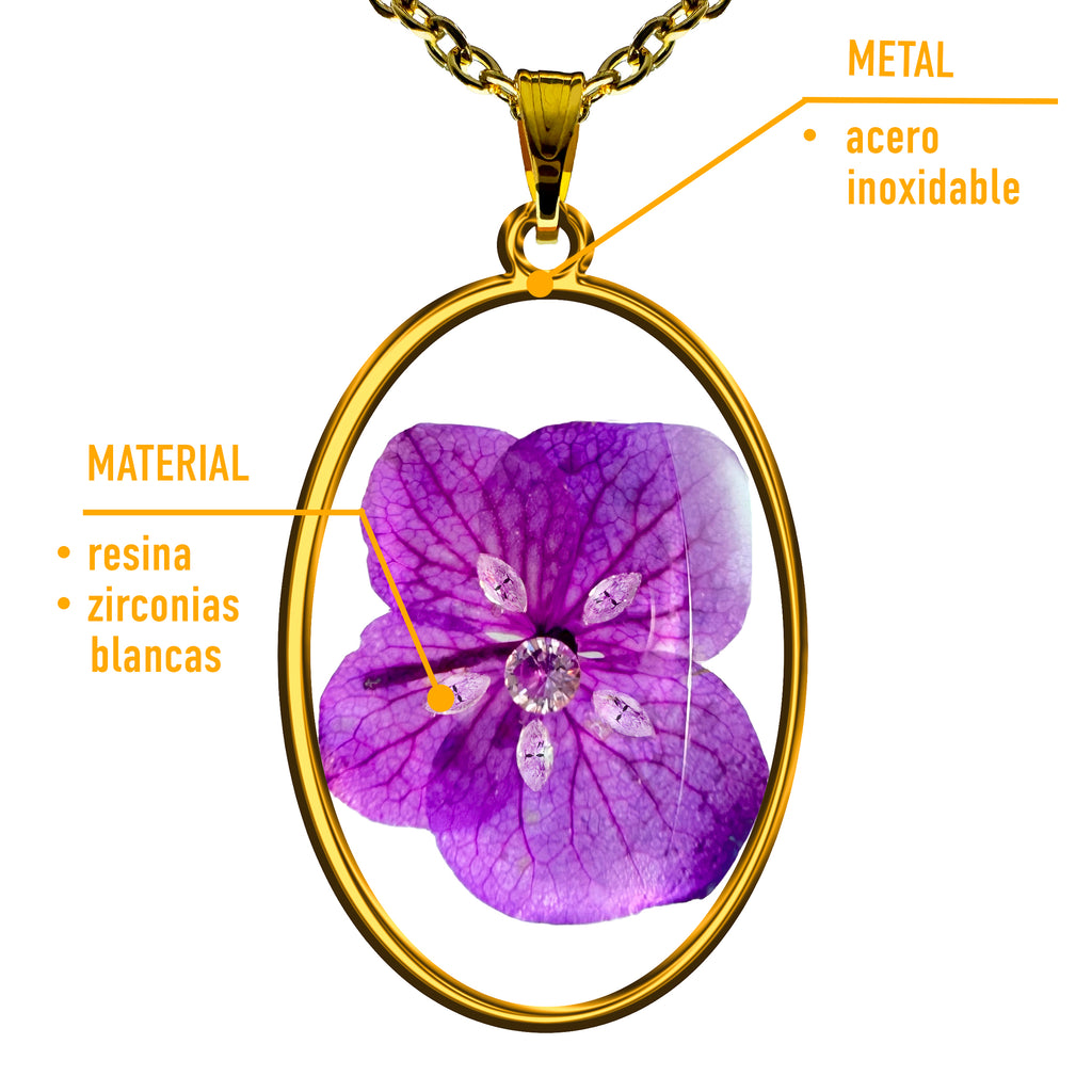 Collar de Acero Inoxidable con Flor de Hortensia Natural y Zirconias Blancas