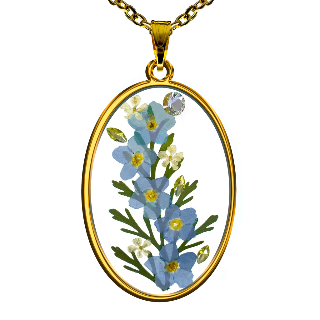 Collar de Acero Inoxidable Dorado con Flores de No me olvides y Zirconias Blancas