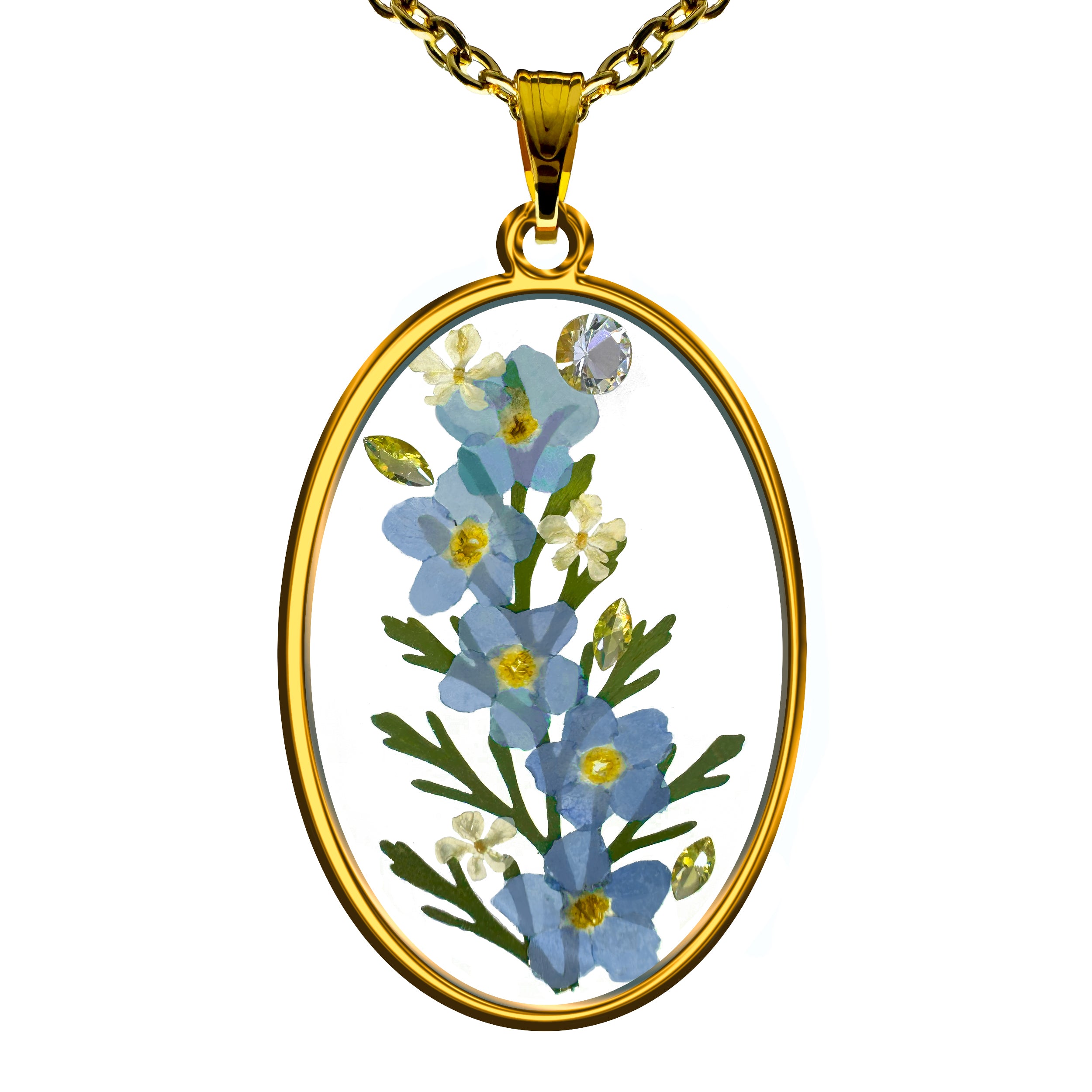 Collar de Acero Inoxidable Dorado con Flores de No me olvides y Zirconias Blancas