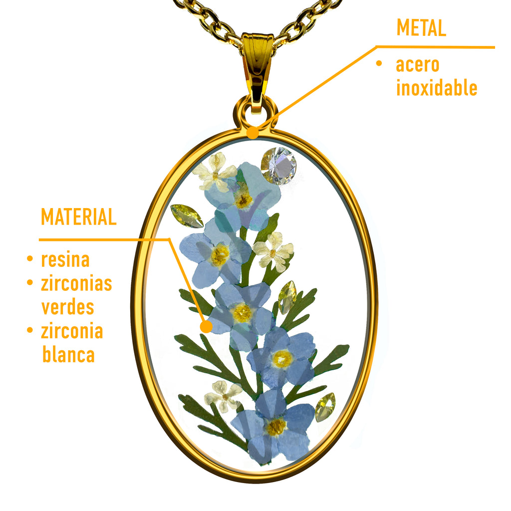 Collar de Acero Inoxidable Dorado con Flores de No me olvides y Zirconias Blancas