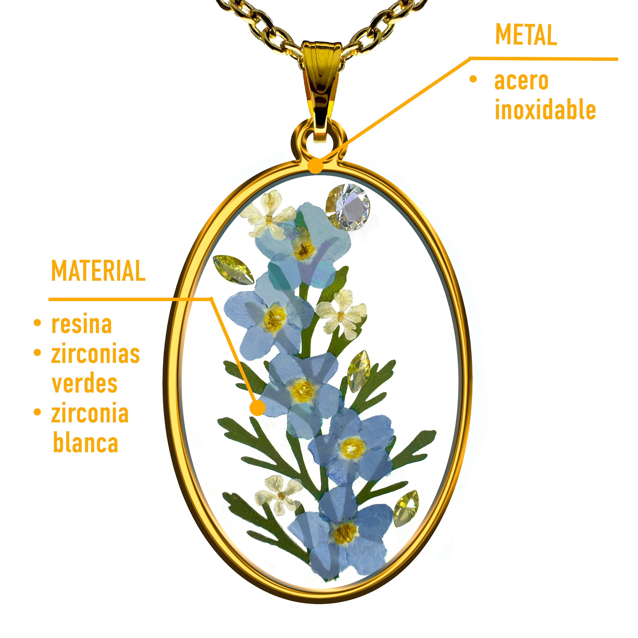 Collar de Acero Inoxidable Dorado con Flores de No me olvides y Zirconias Blancas