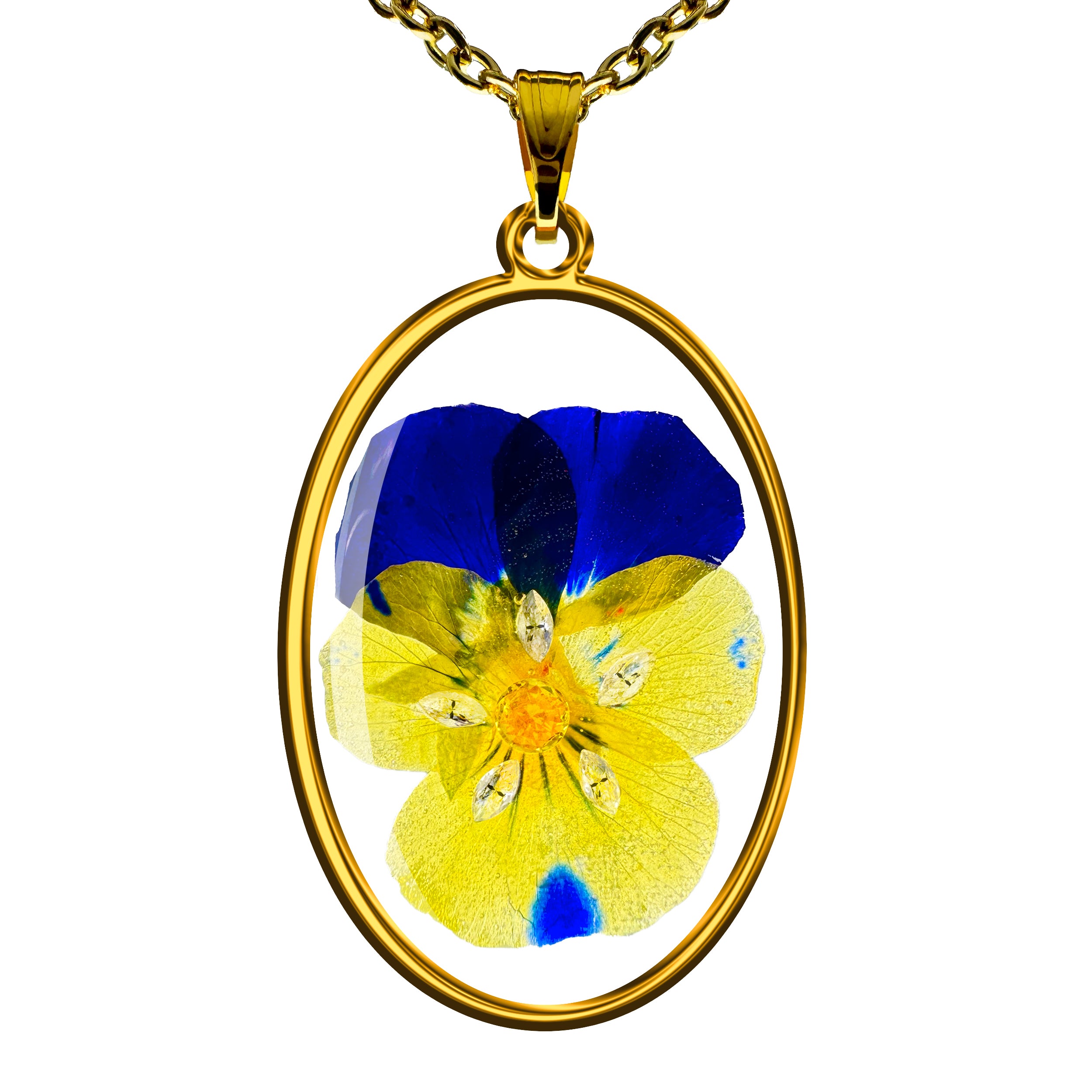 Collar con Flor de Pensamiento y Zirconias con Cadena de Acero Inoxidable.