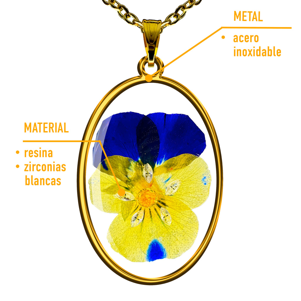 Collar con Flor de Pensamiento y Zirconias con Cadena de Acero Inoxidable.