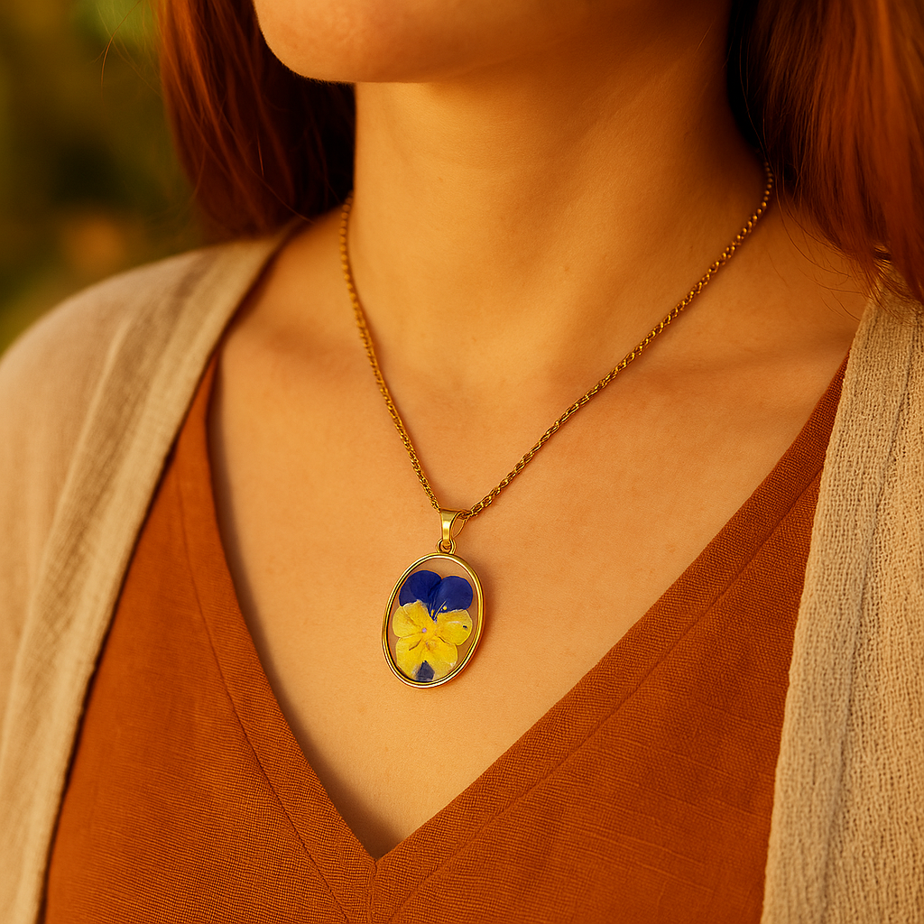 Collar con Flor de Pensamiento y Zirconias con Cadena de Acero Inoxidable.