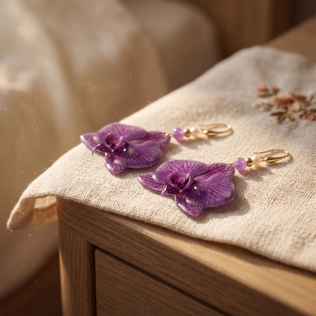 Aretes con Flor de Orquídea Natural y Piedras de Amatista y Perla Mallorca Elaborados en Baño de Oro