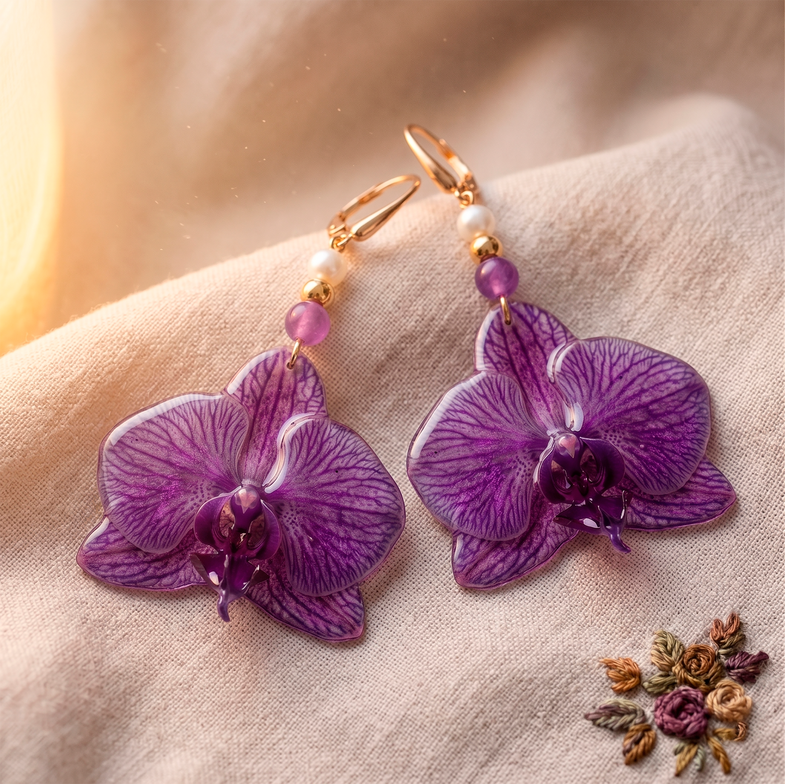 Aretes con Flor de Orquídea Natural y Piedras de Amatista y Perla Mallorca Elaborados en Baño de Oro