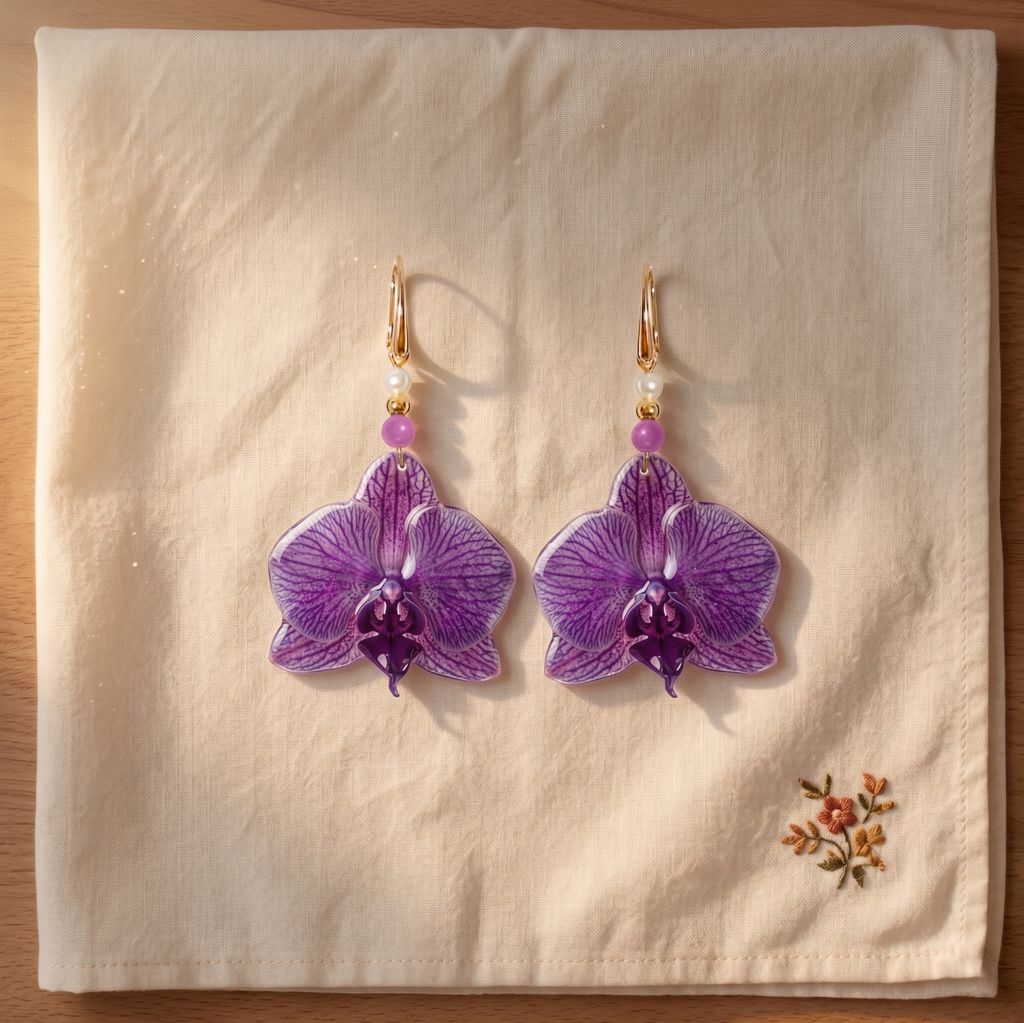Aretes con Flor de Orquídea Natural y Piedras de Amatista y Perla Mallorca Elaborados en Baño de Oro