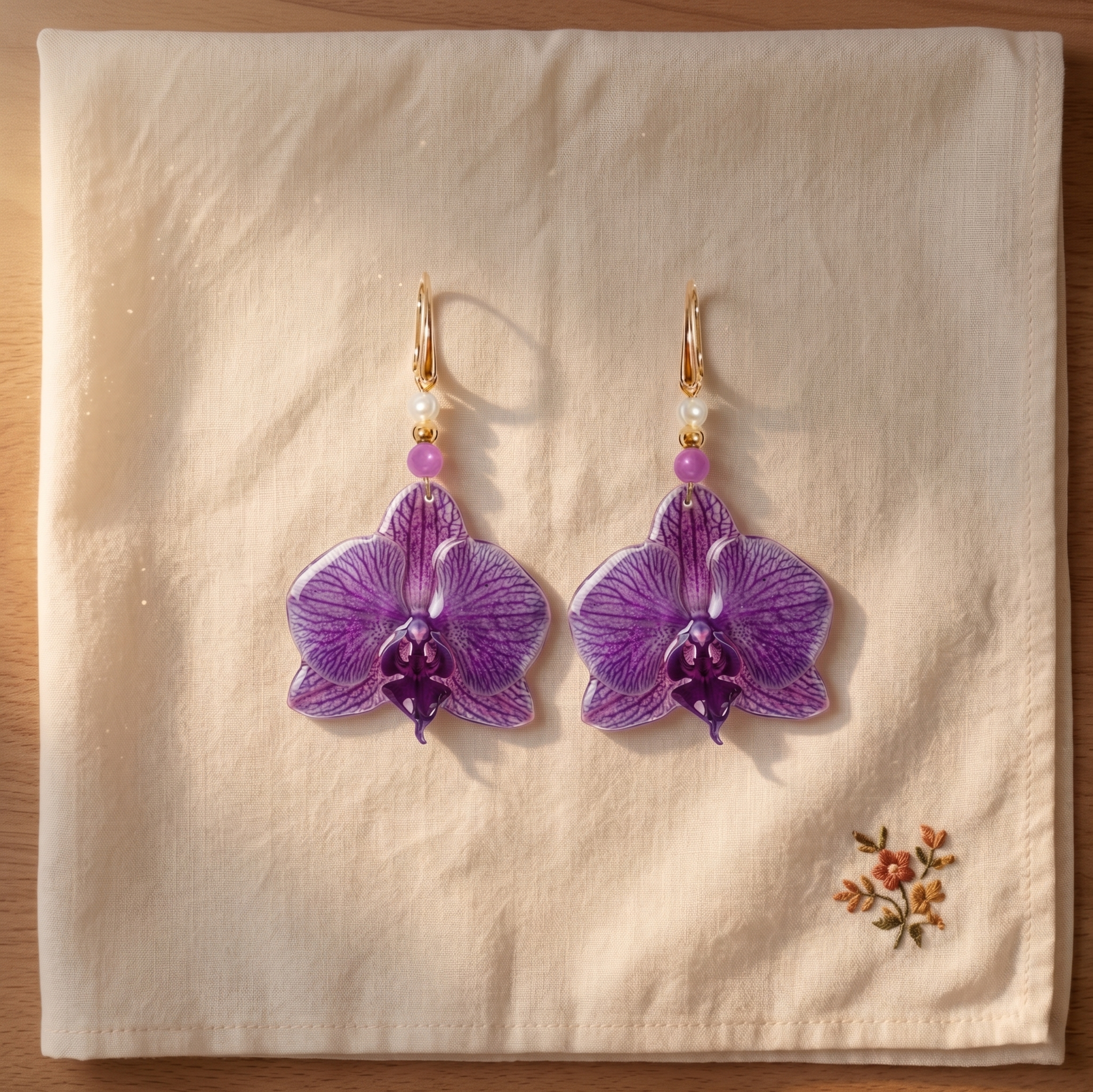 Aretes con Flor de Orquídea Natural y Piedras de Amatista y Perla Mallorca Elaborados en Baño de Oro
