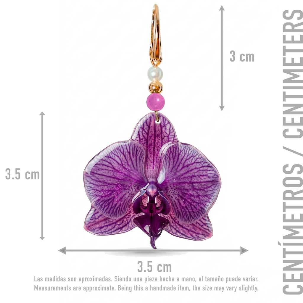 Aretes con Flor de Orquídea Natural y Piedras de Amatista y Perla Mallorca Elaborados en Baño de Oro