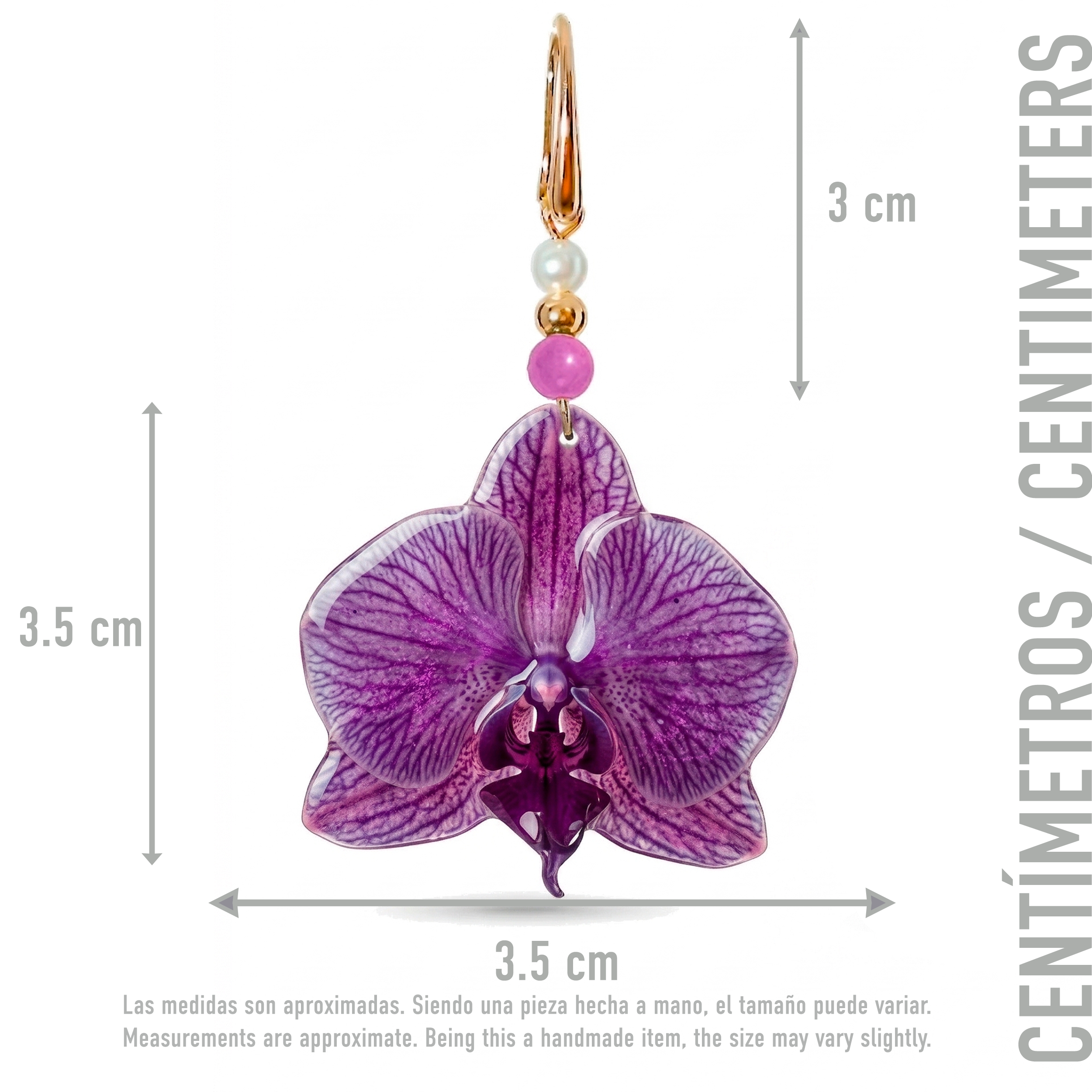 Aretes con Flor de Orquídea Natural y Piedras de Amatista y Perla Mallorca Elaborados en Baño de Oro