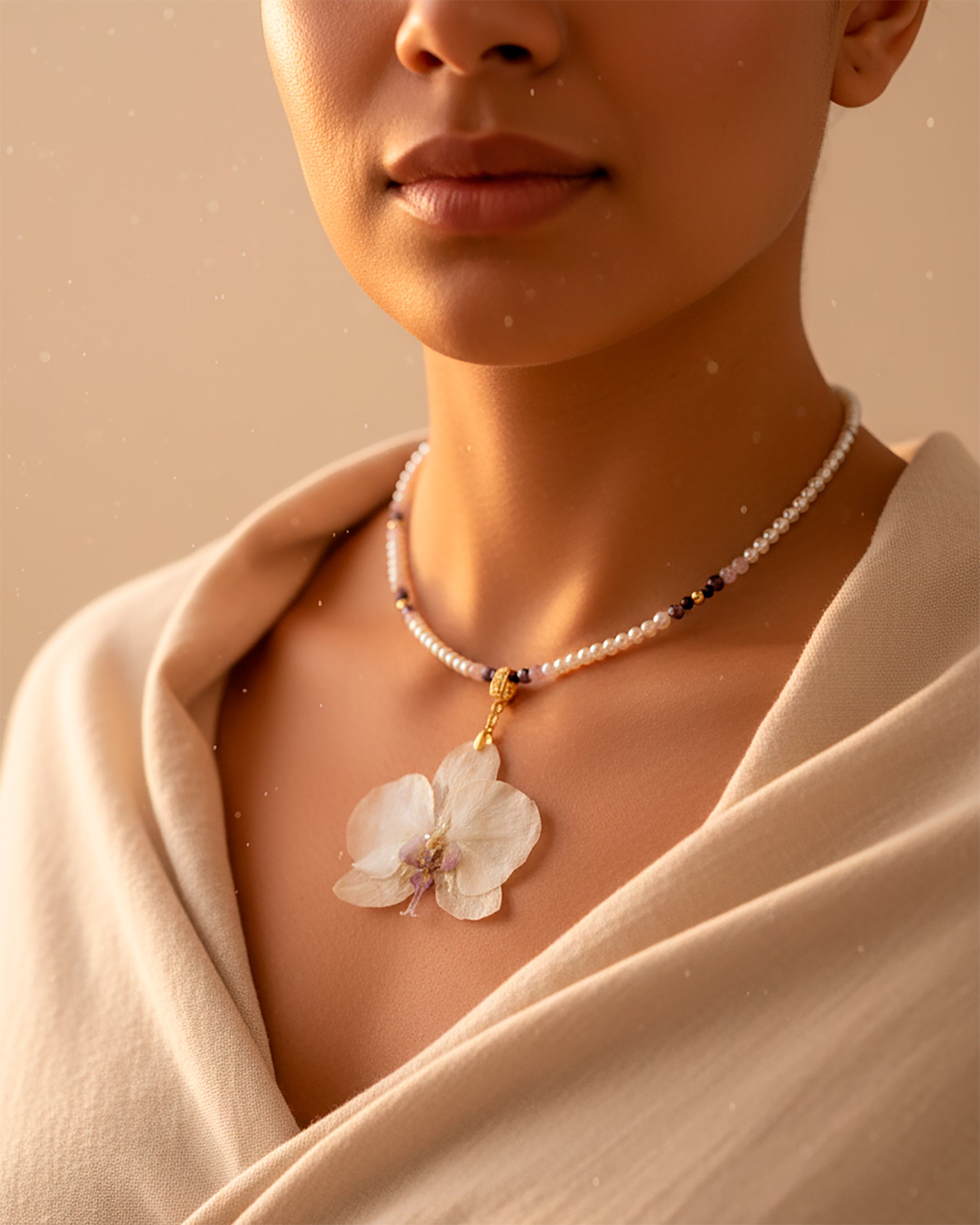 Collar Orquídea Natural con Piedras Naturales de Amatista, Cuarzo Rosa y Perla Mallorca en Baño de Oro