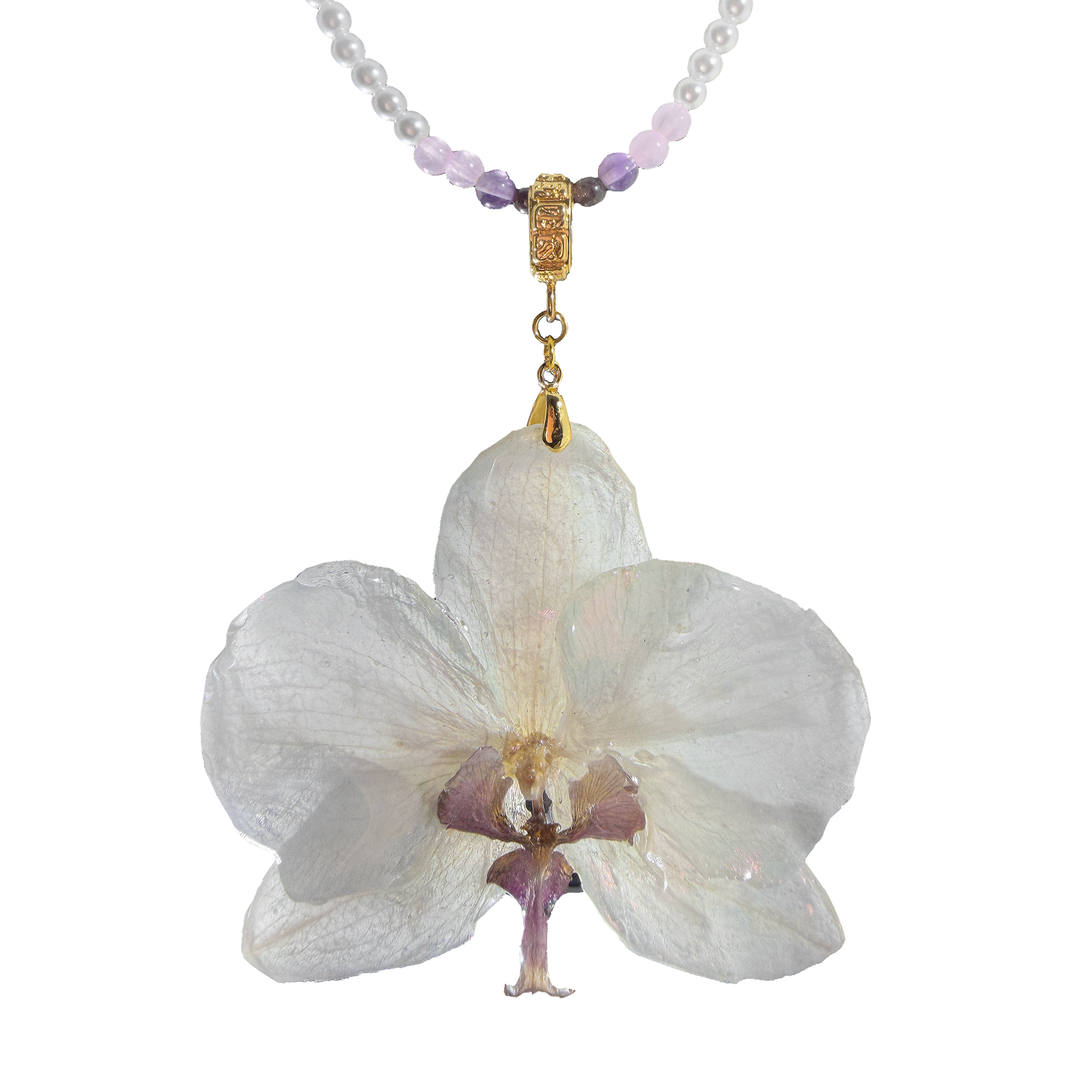 Collar Orquídea Natural con Piedras Naturales de Amatista, Cuarzo Rosa y Perla Mallorca en Baño de Oro