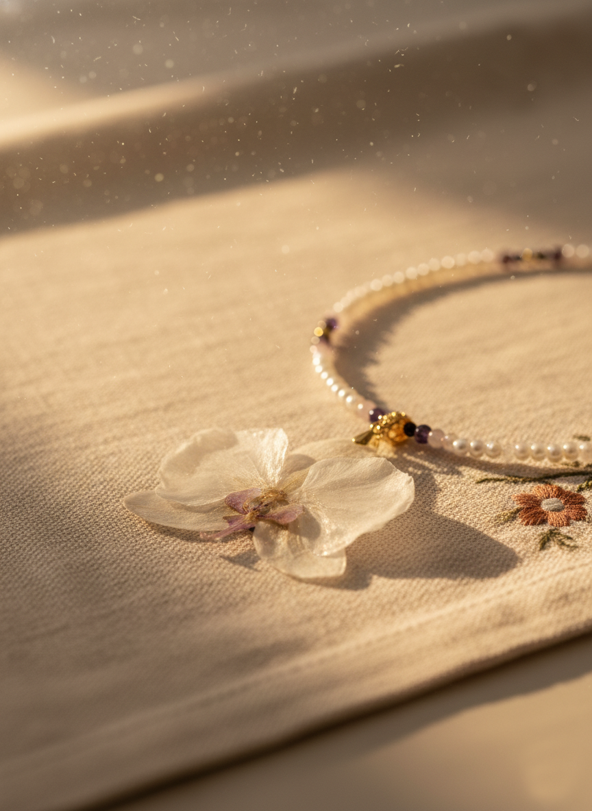 Collar Orquídea Natural con Piedras Naturales de Amatista, Cuarzo Rosa y Perla Mallorca en Baño de Oro