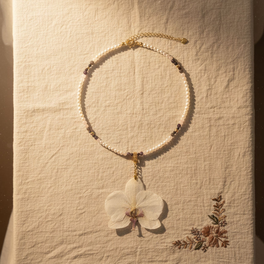 Collar Orquídea Natural con Piedras Naturales de Amatista, Cuarzo Rosa y Perla Mallorca en Baño de Oro