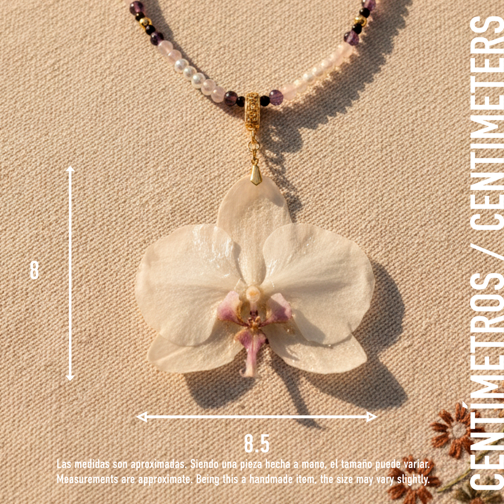 Collar Orquídea Natural con Piedras Naturales de Amatista, Cuarzo Rosa y Perla Mallorca en Baño de Oro