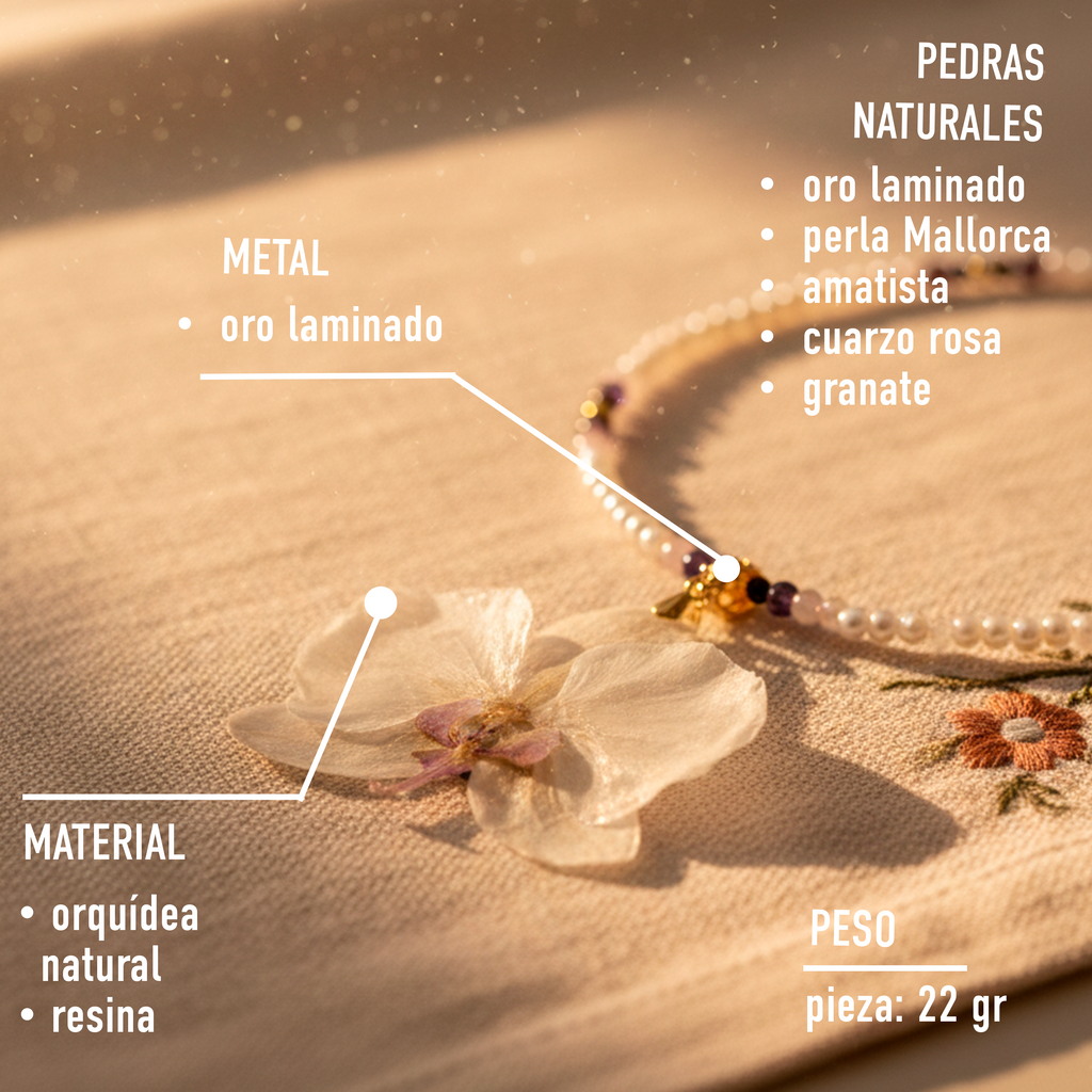Collar Orquídea Natural con Piedras Naturales de Amatista, Cuarzo Rosa y Perla Mallorca en Baño de Oro