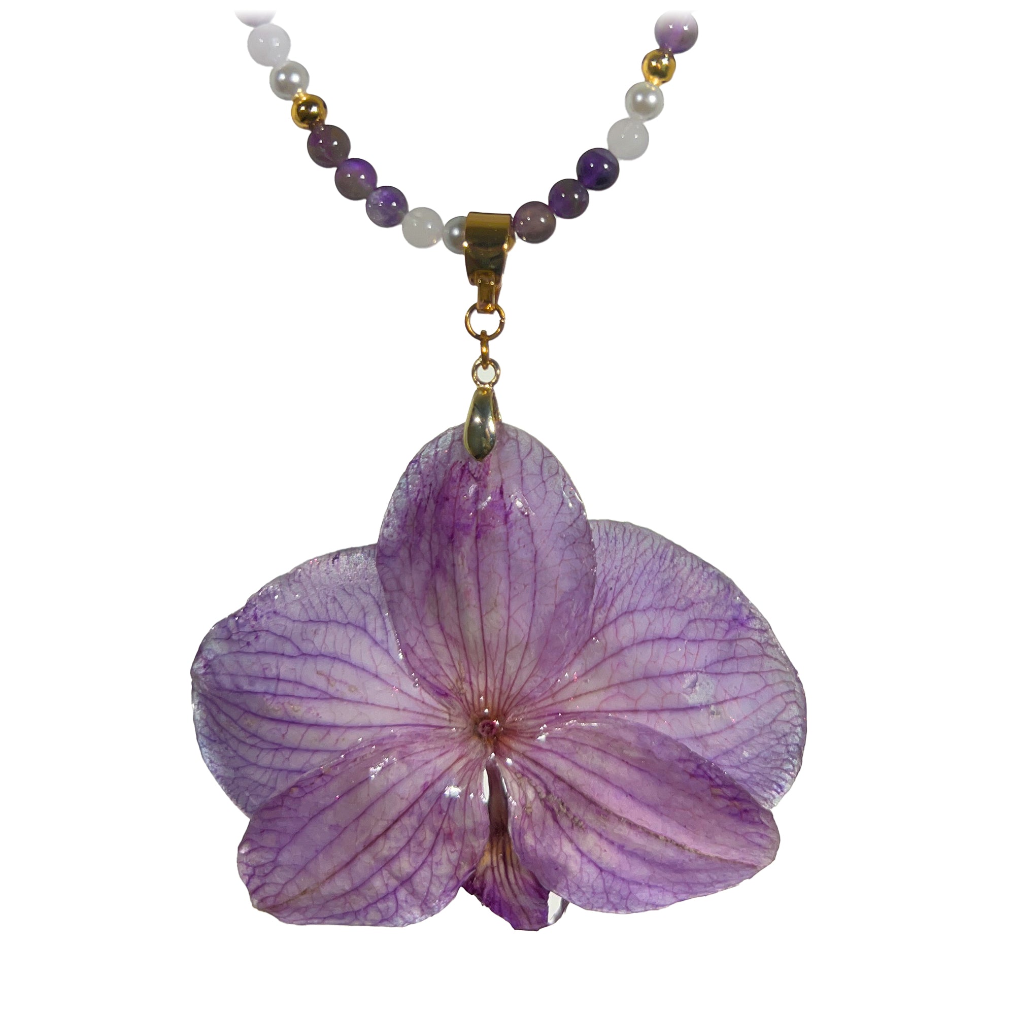 Collar Orquídea Natural con Piedras Naturales de Amatista, Cuarzo Rosa y Perla Mallorca en Baño de Oro