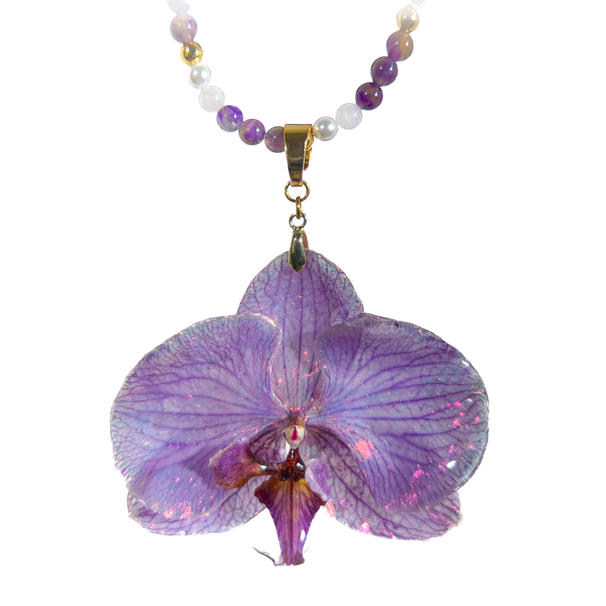 Collar Orquídea Natural con Piedras Naturales de Amatista, Cuarzo Rosa y Perla Mallorca en Baño de Oro