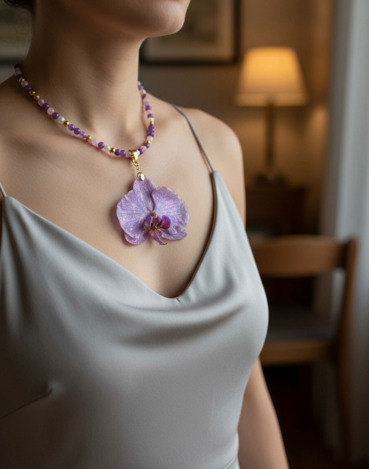 Collar Orquídea Natural con Piedras Naturales de Amatista, Cuarzo Rosa y Perla Mallorca en Baño de Oro