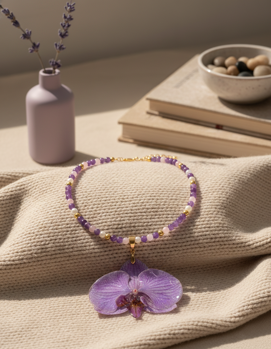 Collar Orquídea Natural con Piedras Naturales de Amatista, Cuarzo Rosa y Perla Mallorca en Baño de Oro