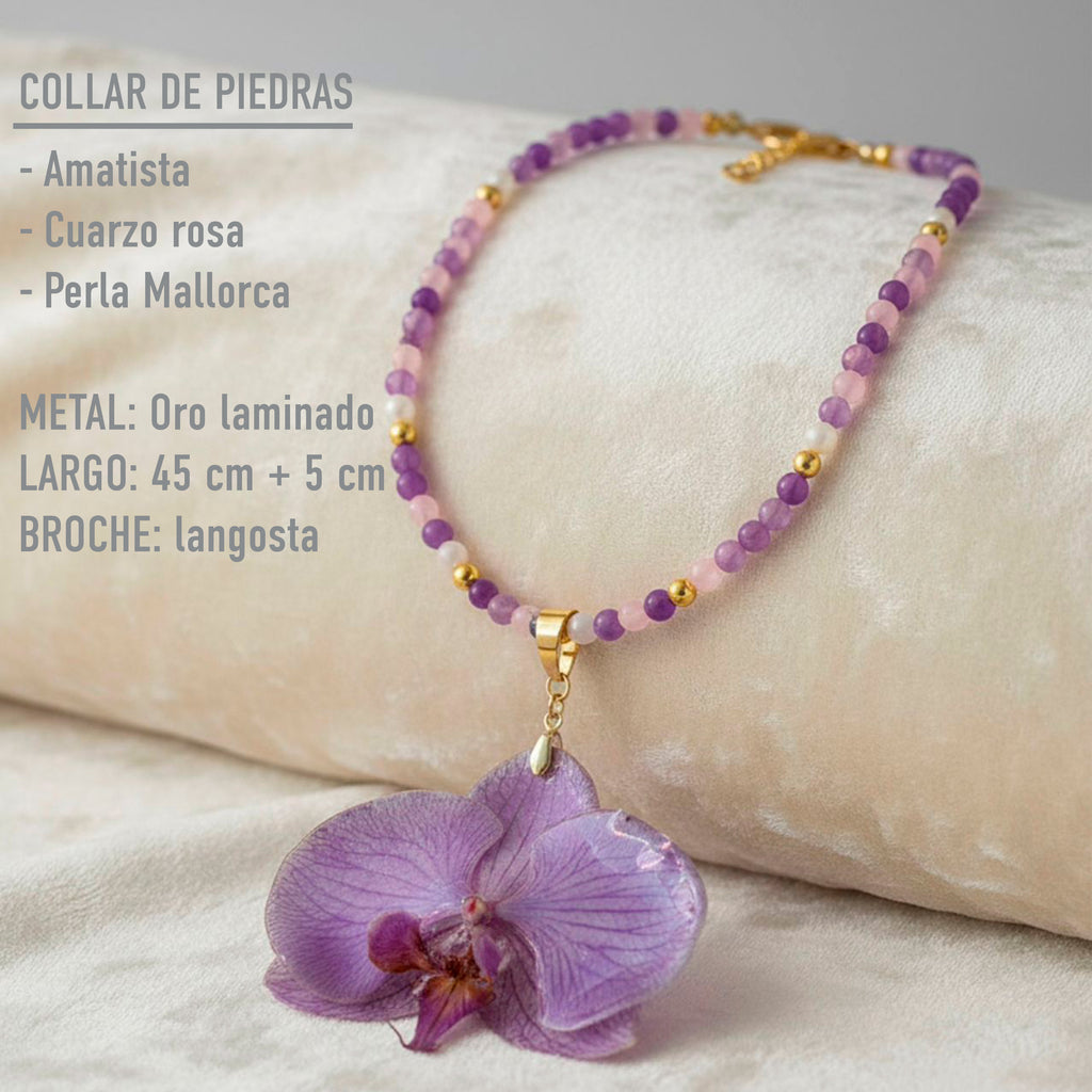 Collar Orquídea Natural con Piedras Naturales de Amatista, Cuarzo Rosa y Perla Mallorca en Baño de Oro