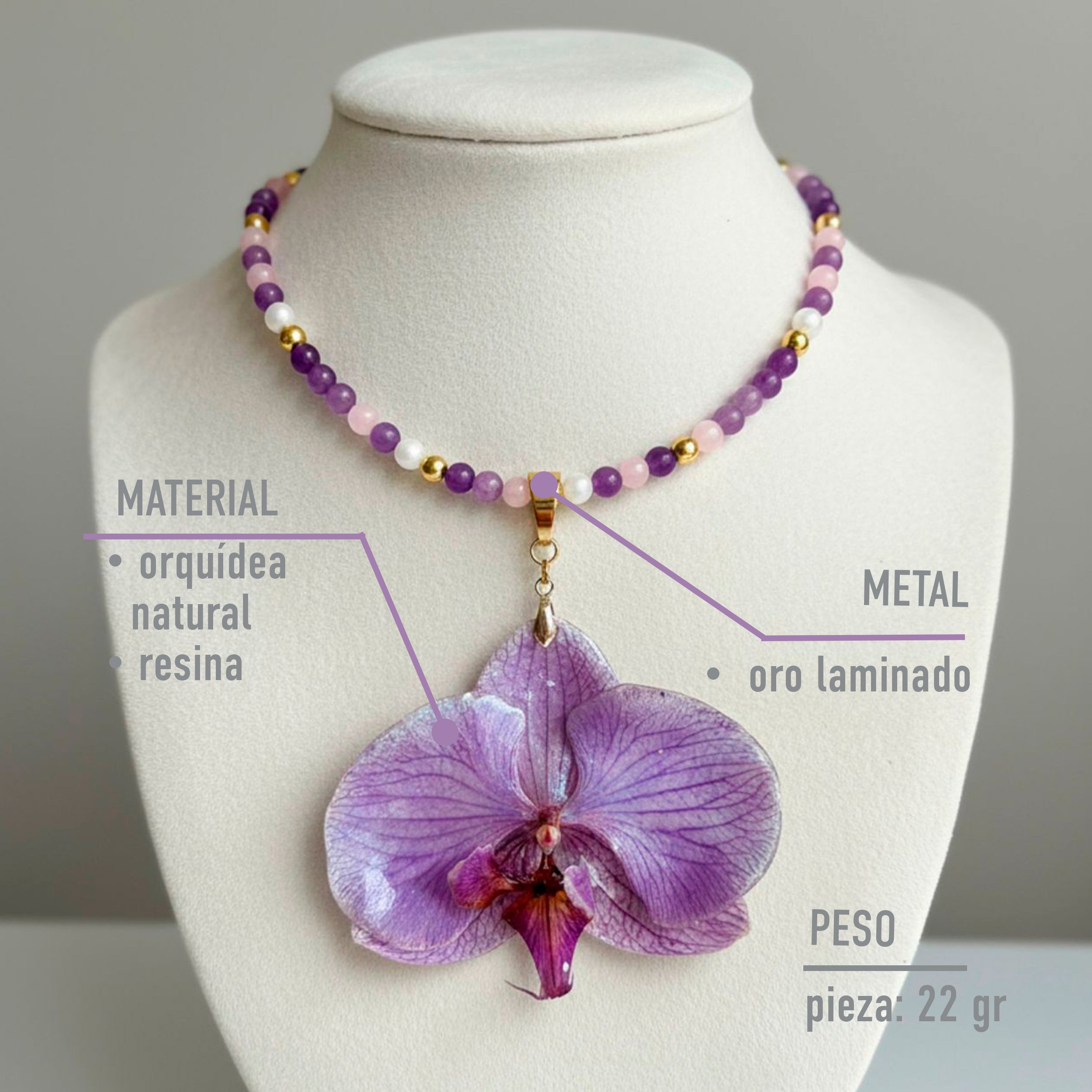 Collar Orquídea Natural con Piedras Naturales de Amatista, Cuarzo Rosa y Perla Mallorca en Baño de Oro