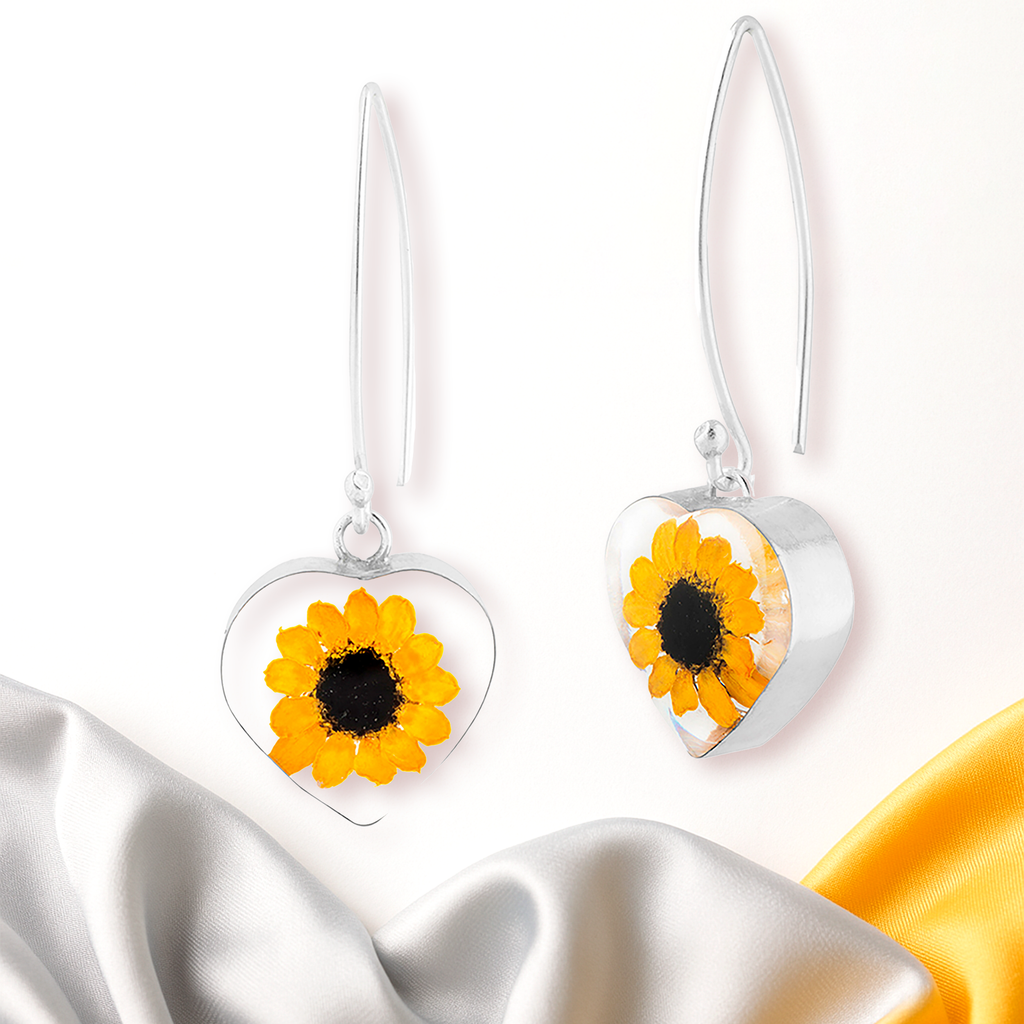 Aretes con Girasol Natural en Corazón de Plata 925