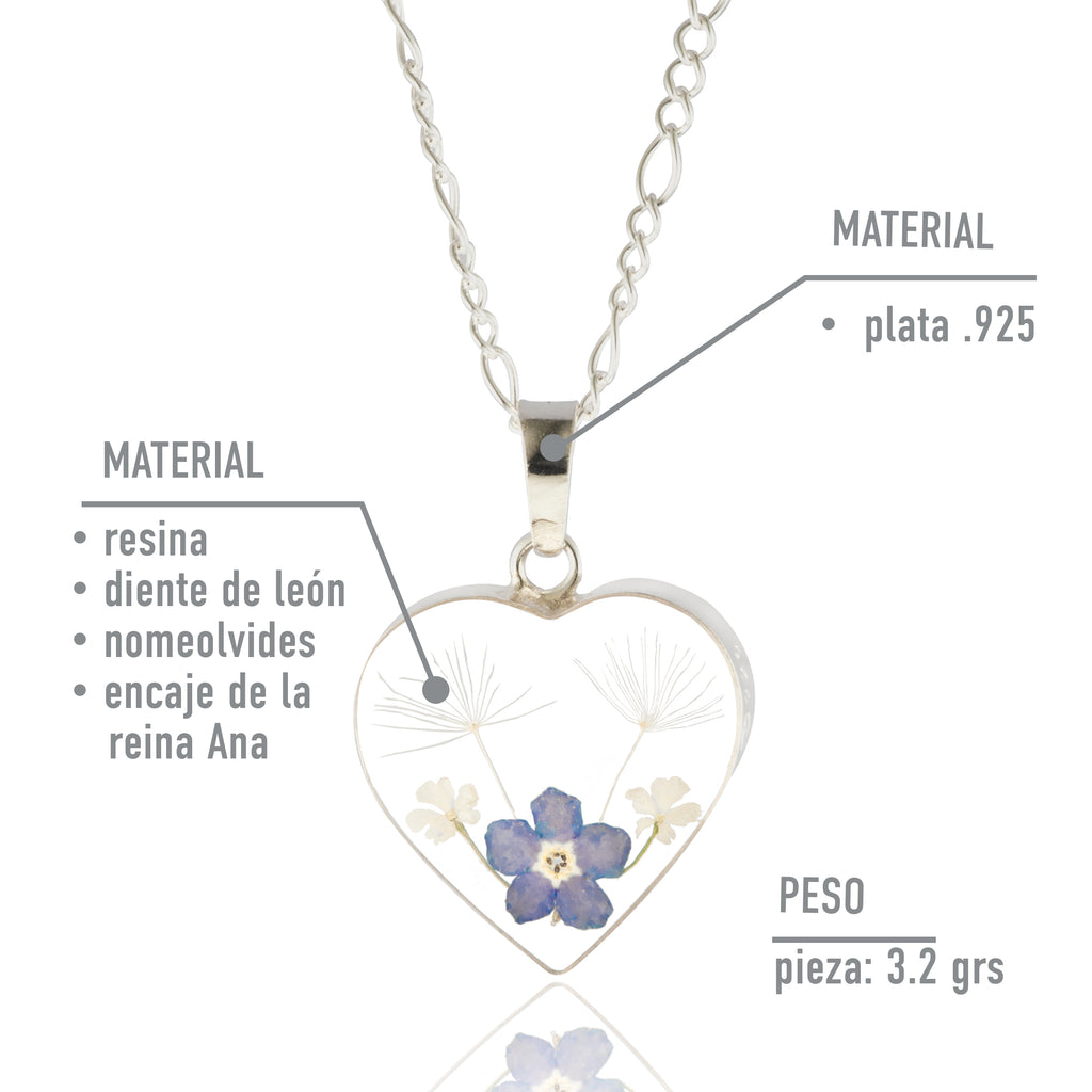 Collar Corazón con Diente de León y Nomeolvides en Plata 925